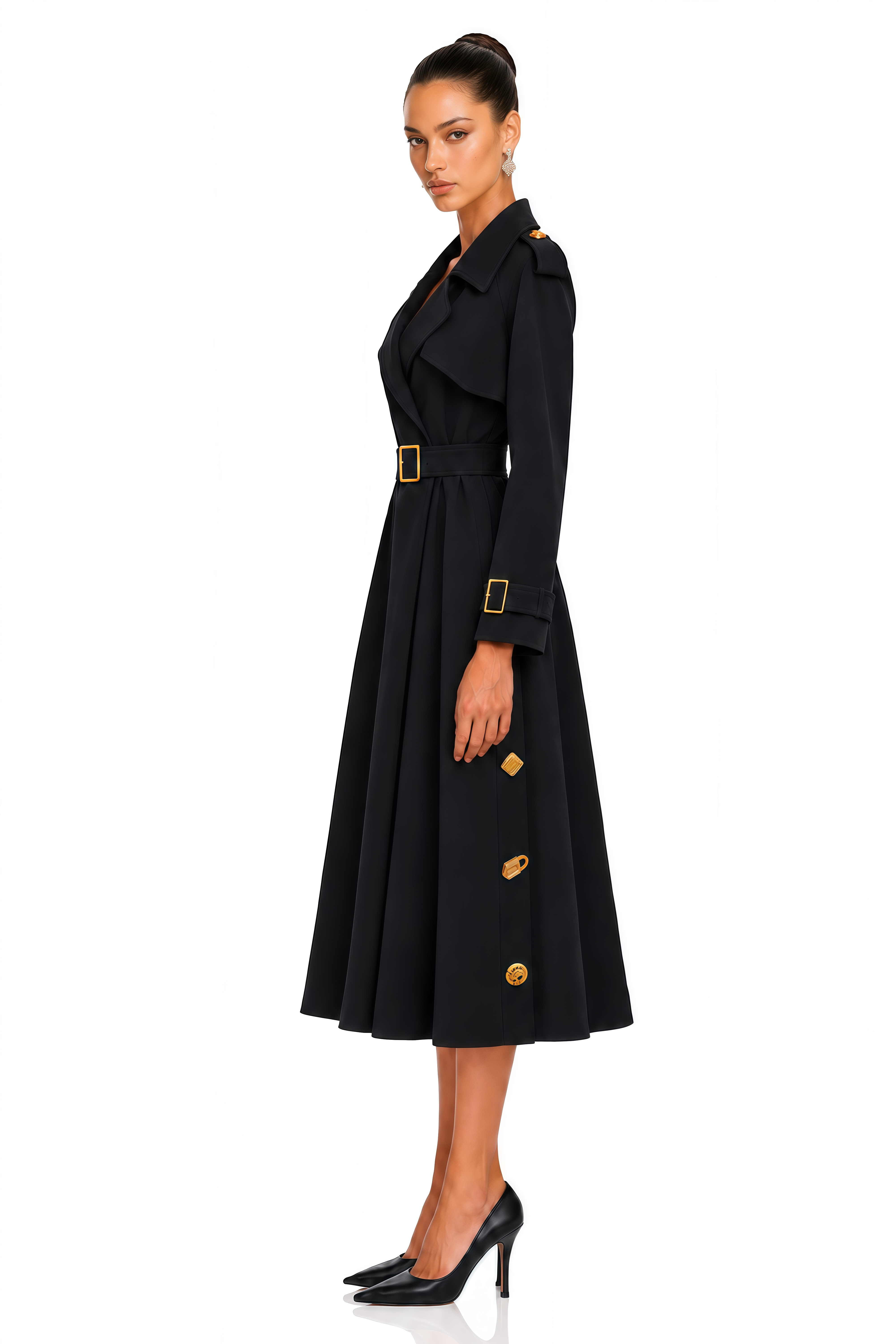 Leontine Black Gold Embellished Belted Trench Coat