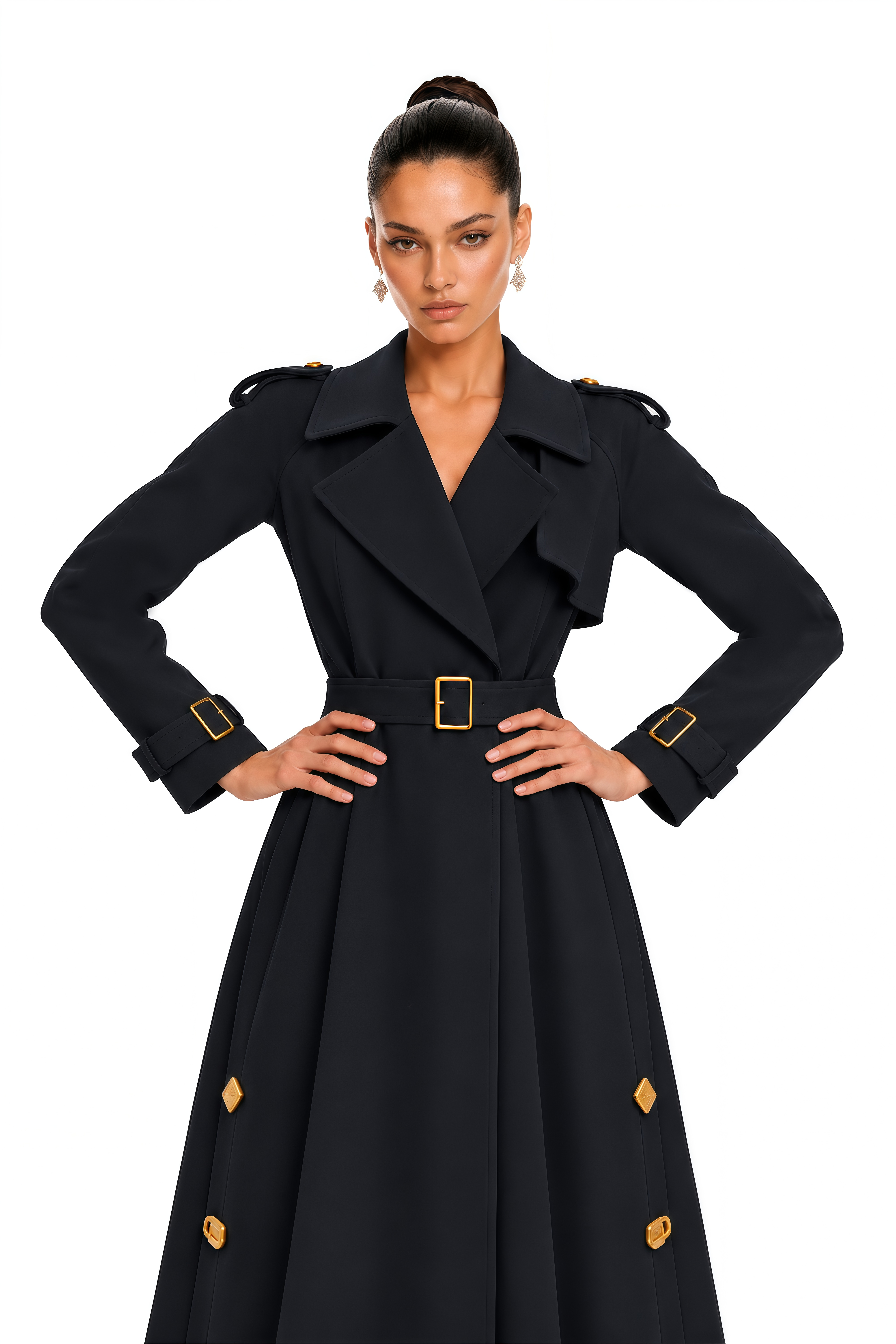 Leontine Black Gold Embellished Belted Trench Coat