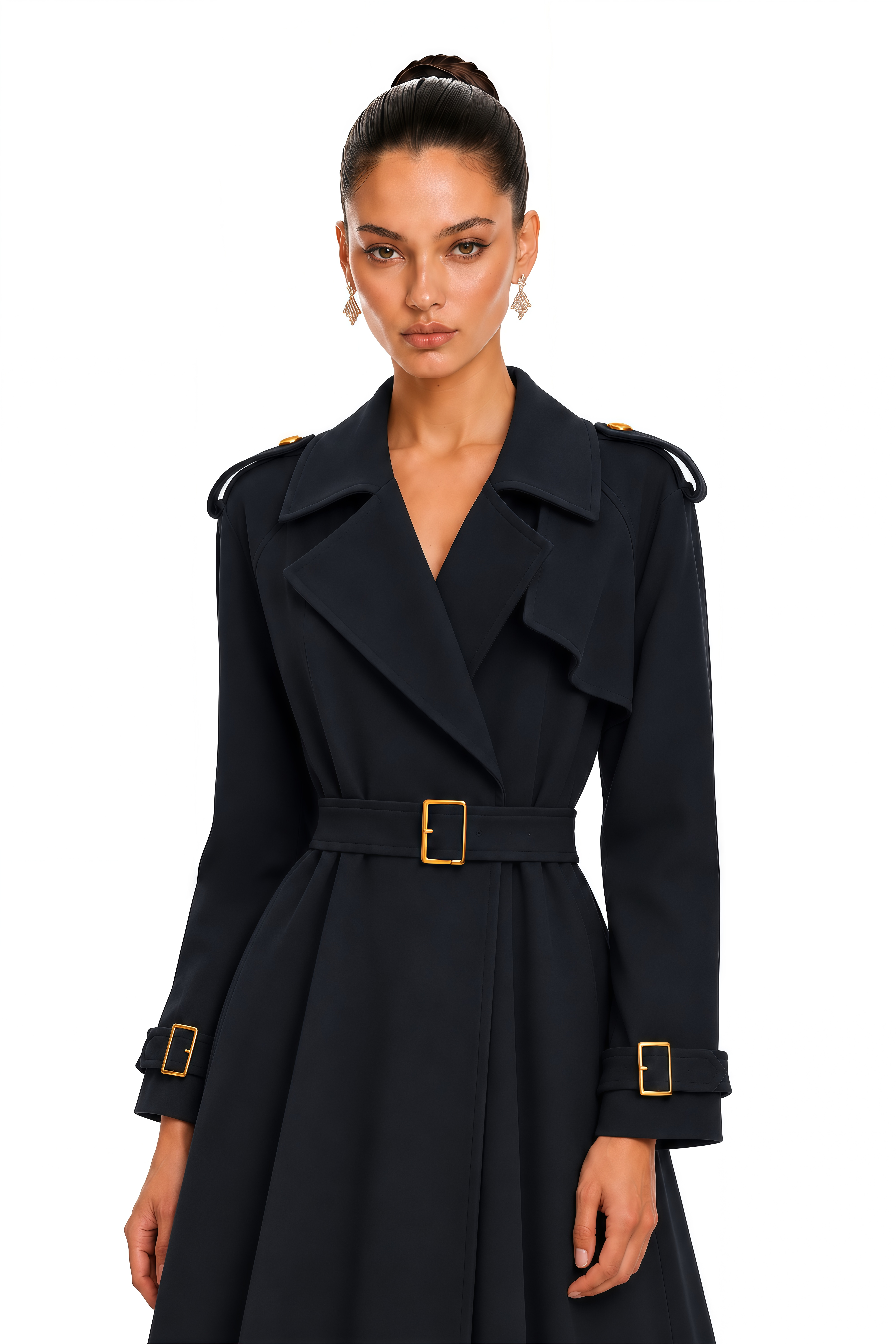 Leontine Black Gold Embellished Belted Trench Coat