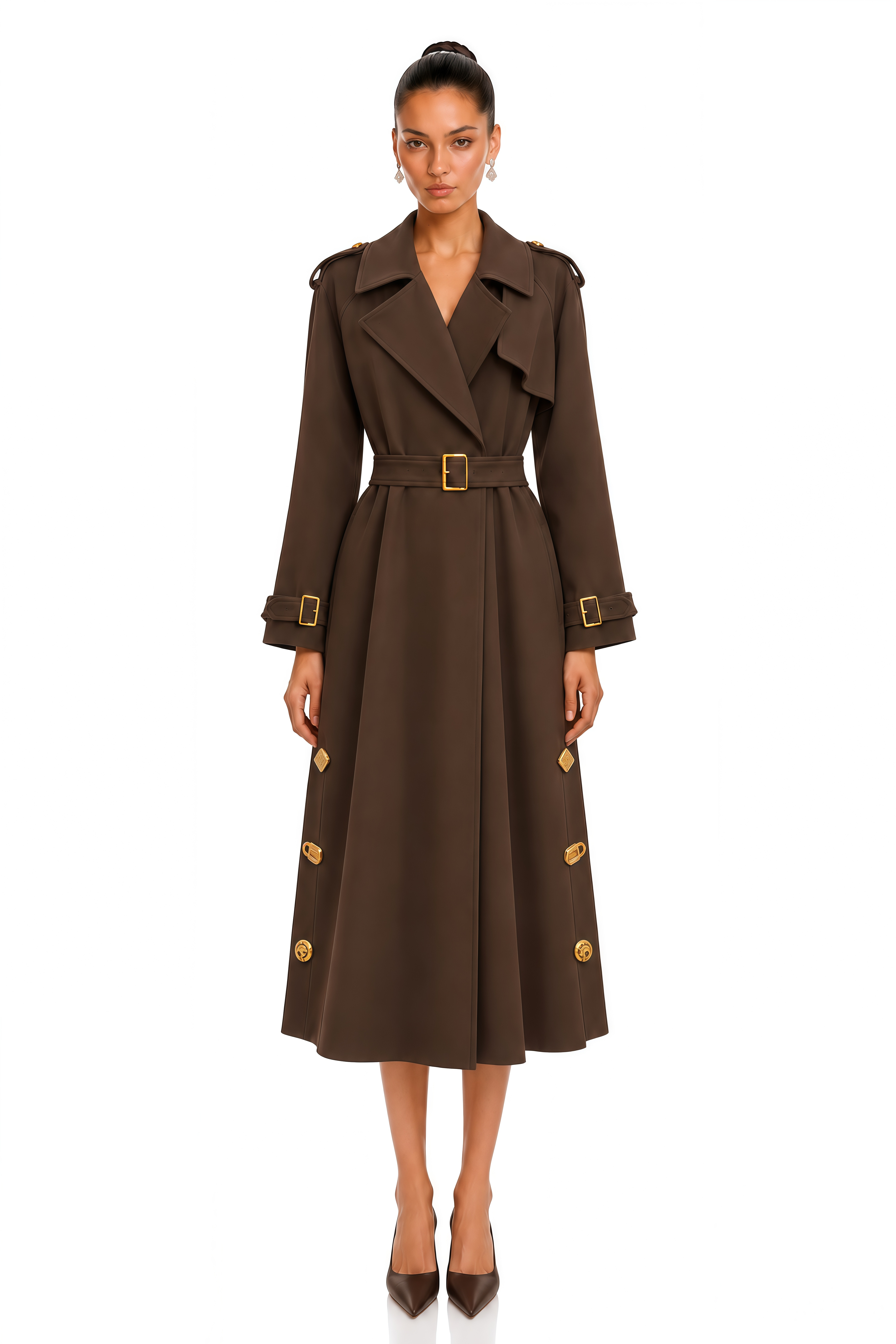 Leontine Brown Gold Embellished Belted Trench Coat