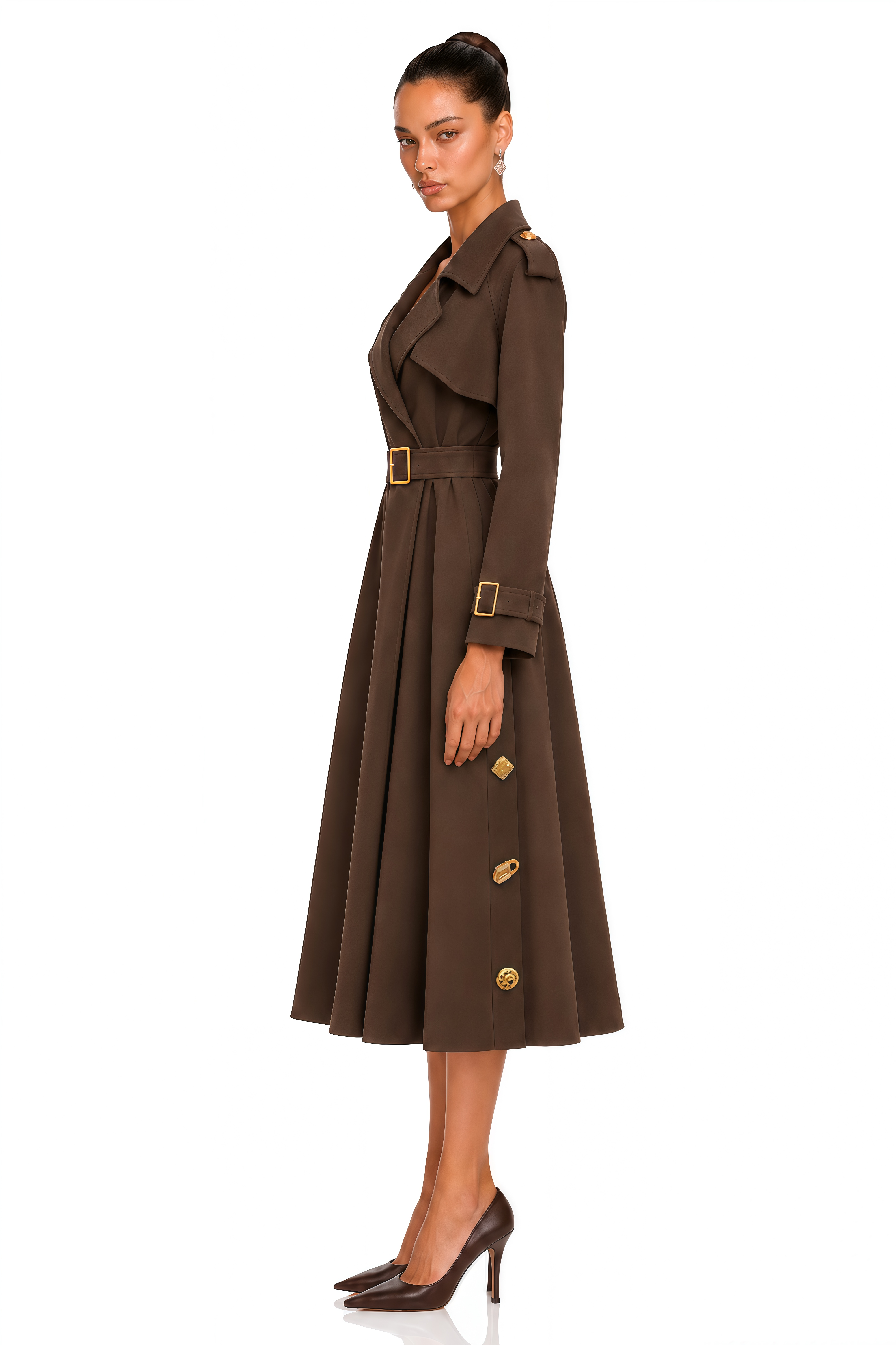 Leontine Brown Gold Embellished Belted Trench Coat