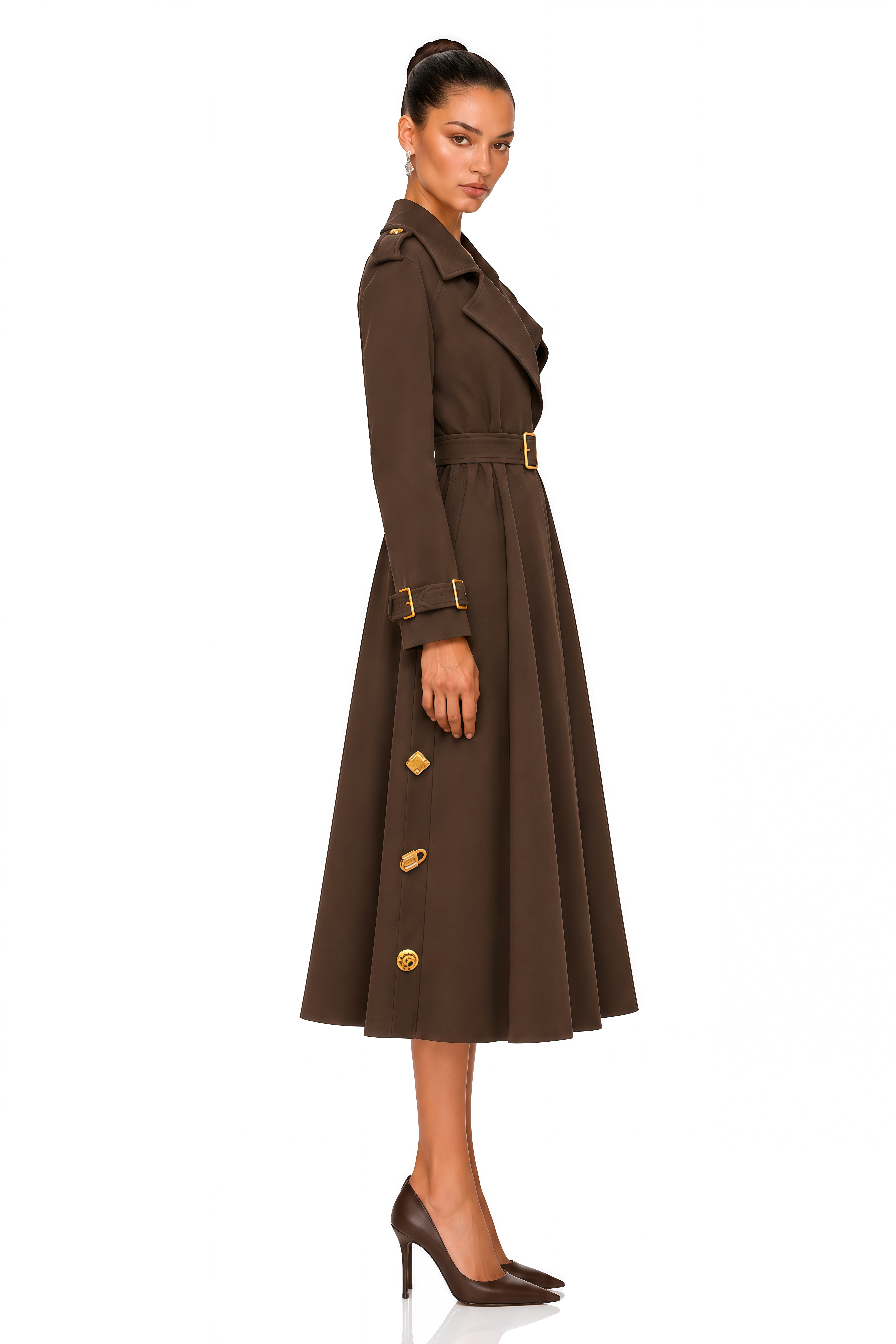 Leontine Brown Gold Embellished Belted Trench Coat