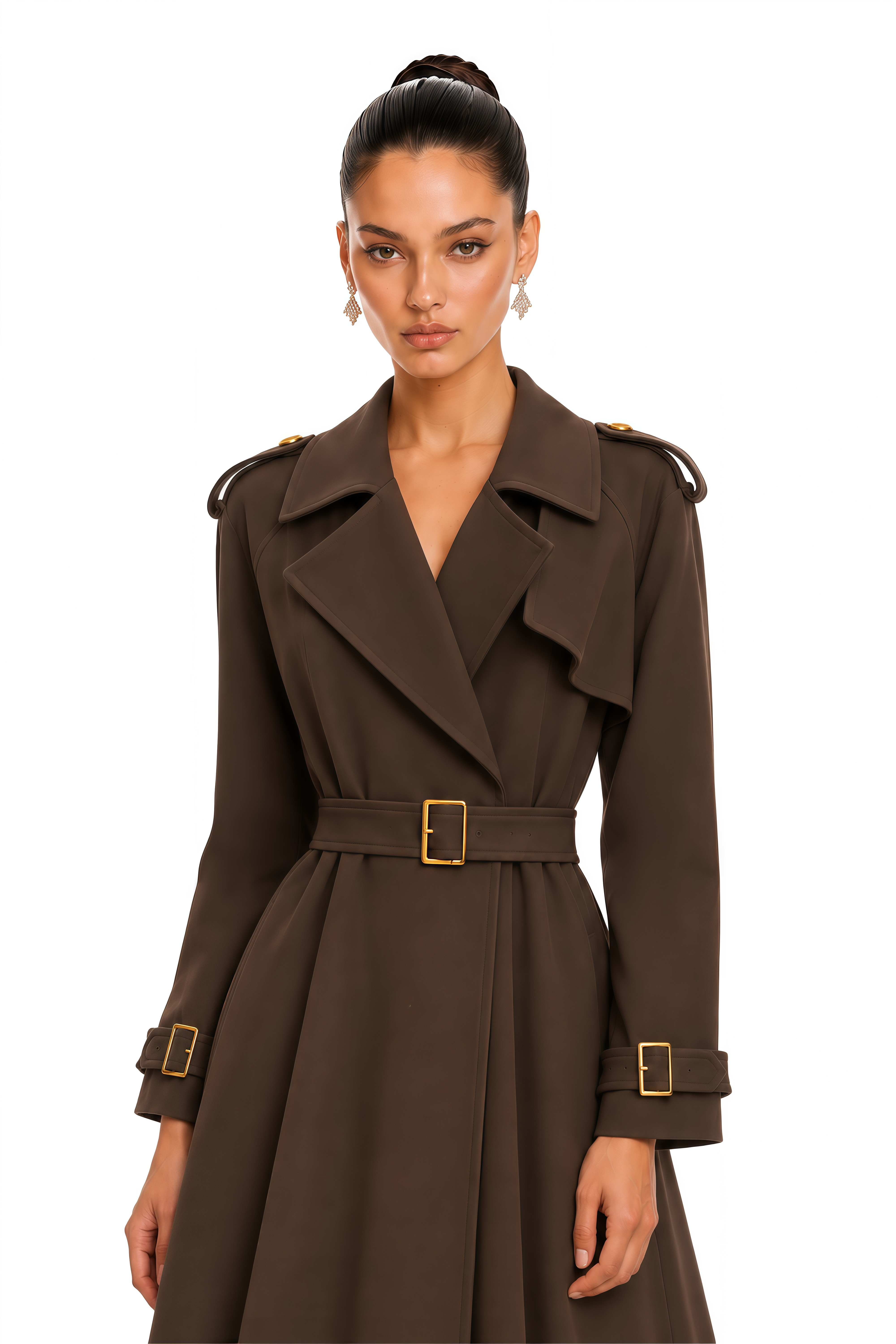 Leontine Brown Gold Embellished Belted Trench Coat