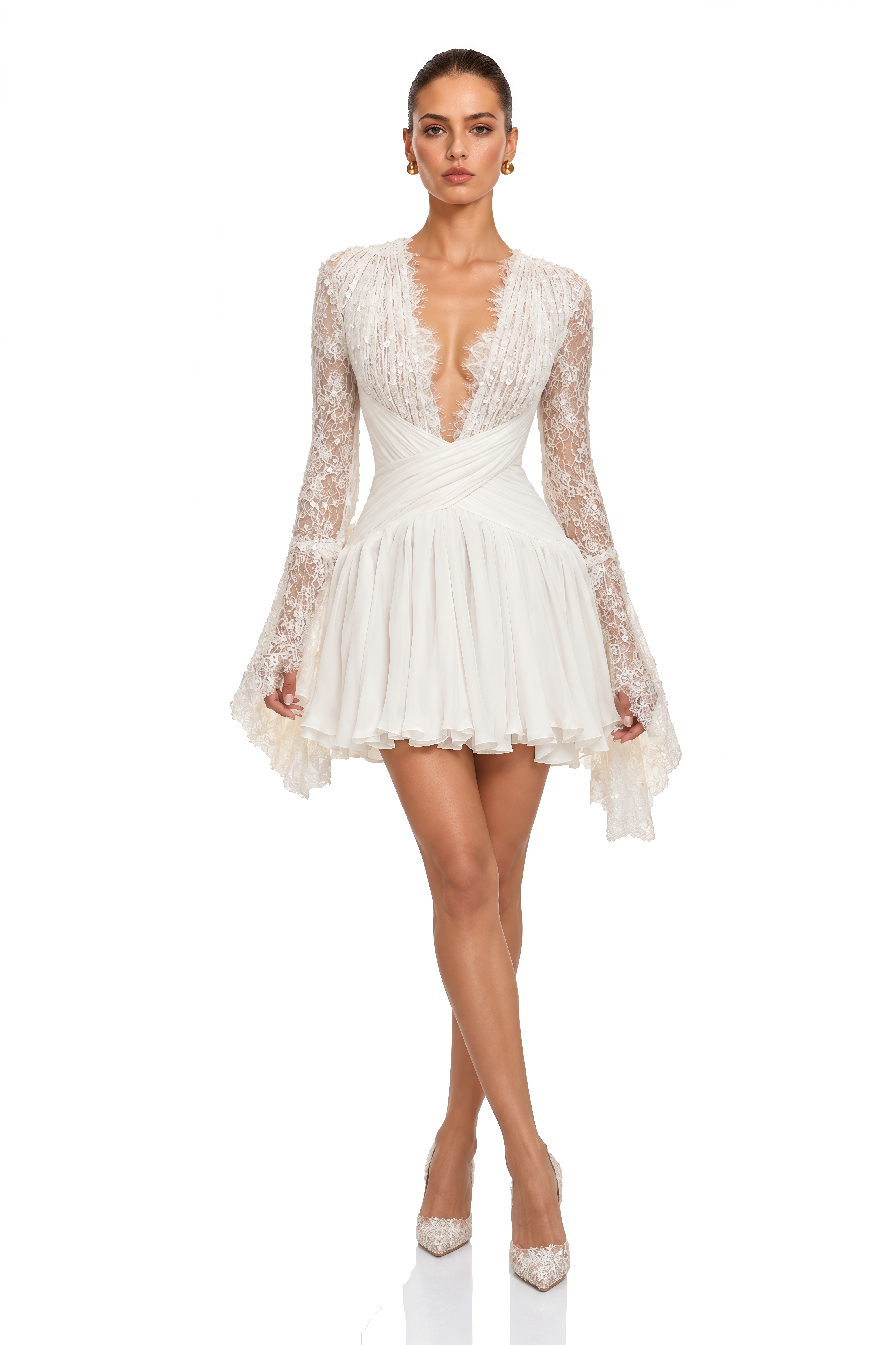 Leontine Ivory Lace Plunge Draped Mini Dress