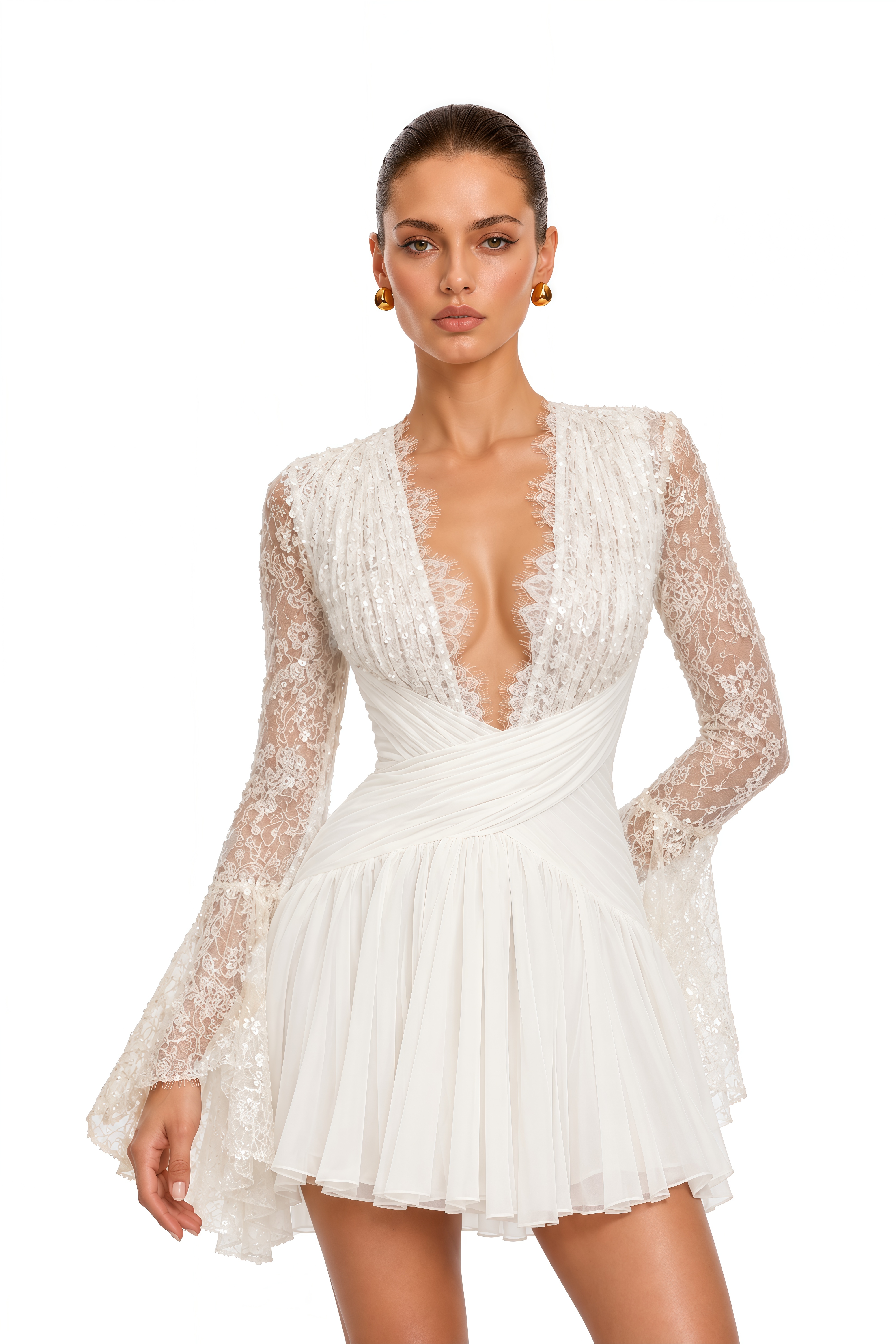 Leontine Ivory Lace Plunge Draped Mini Dress