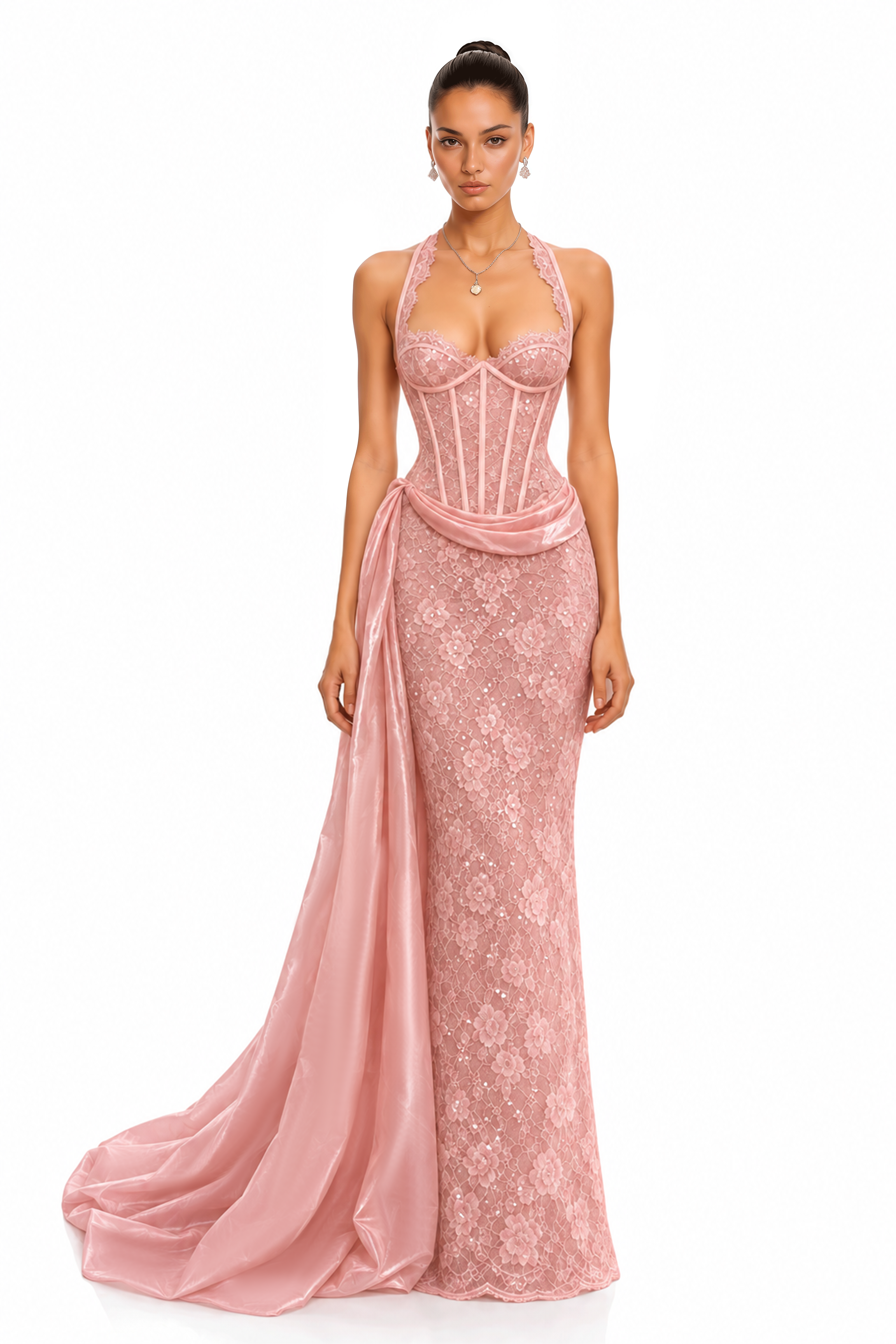 Leyana Pink Lace Corset Mermaid Maxi Dress