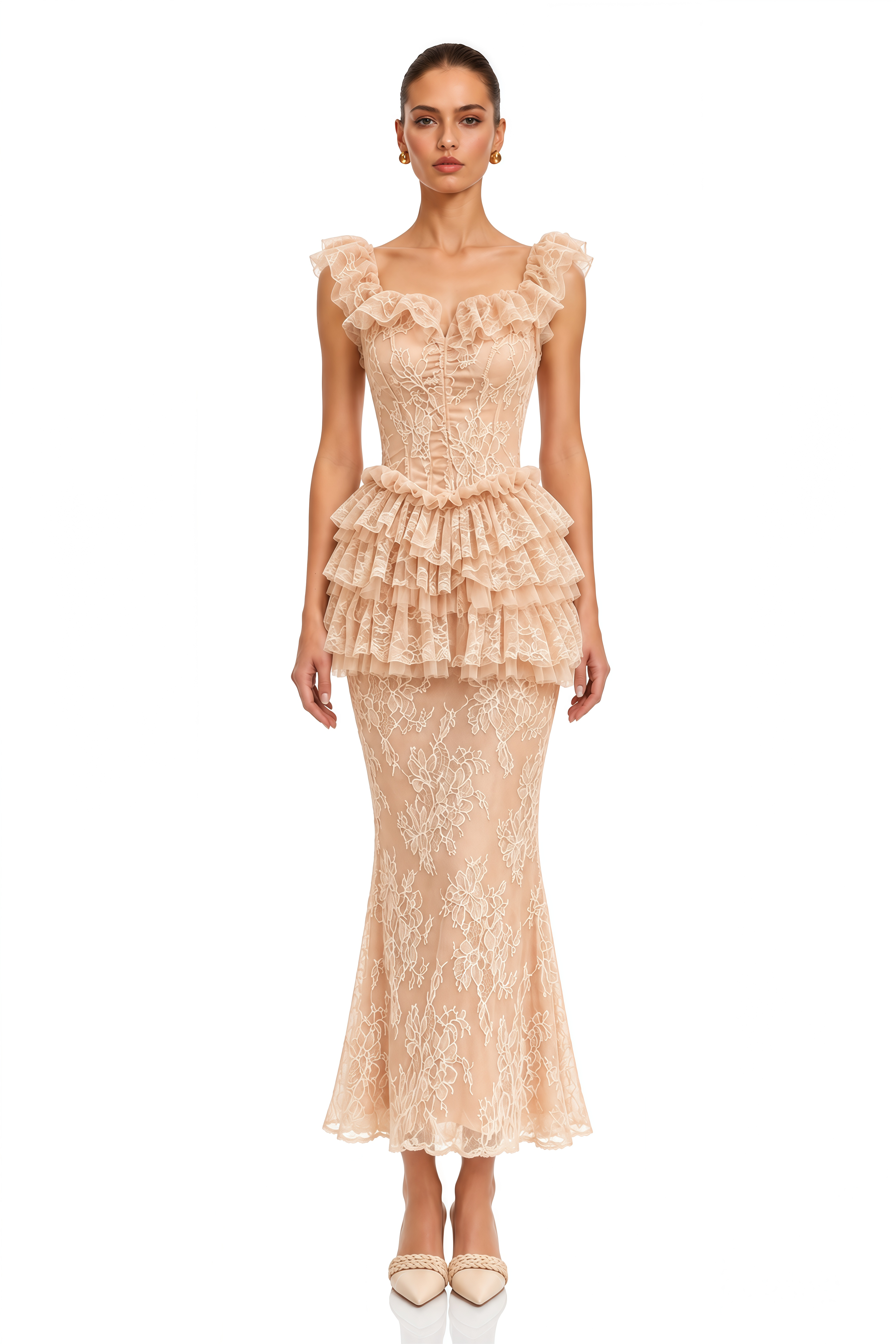 Libbie Neutral Lace Tiered Peplum Top & Midi Skirt Set