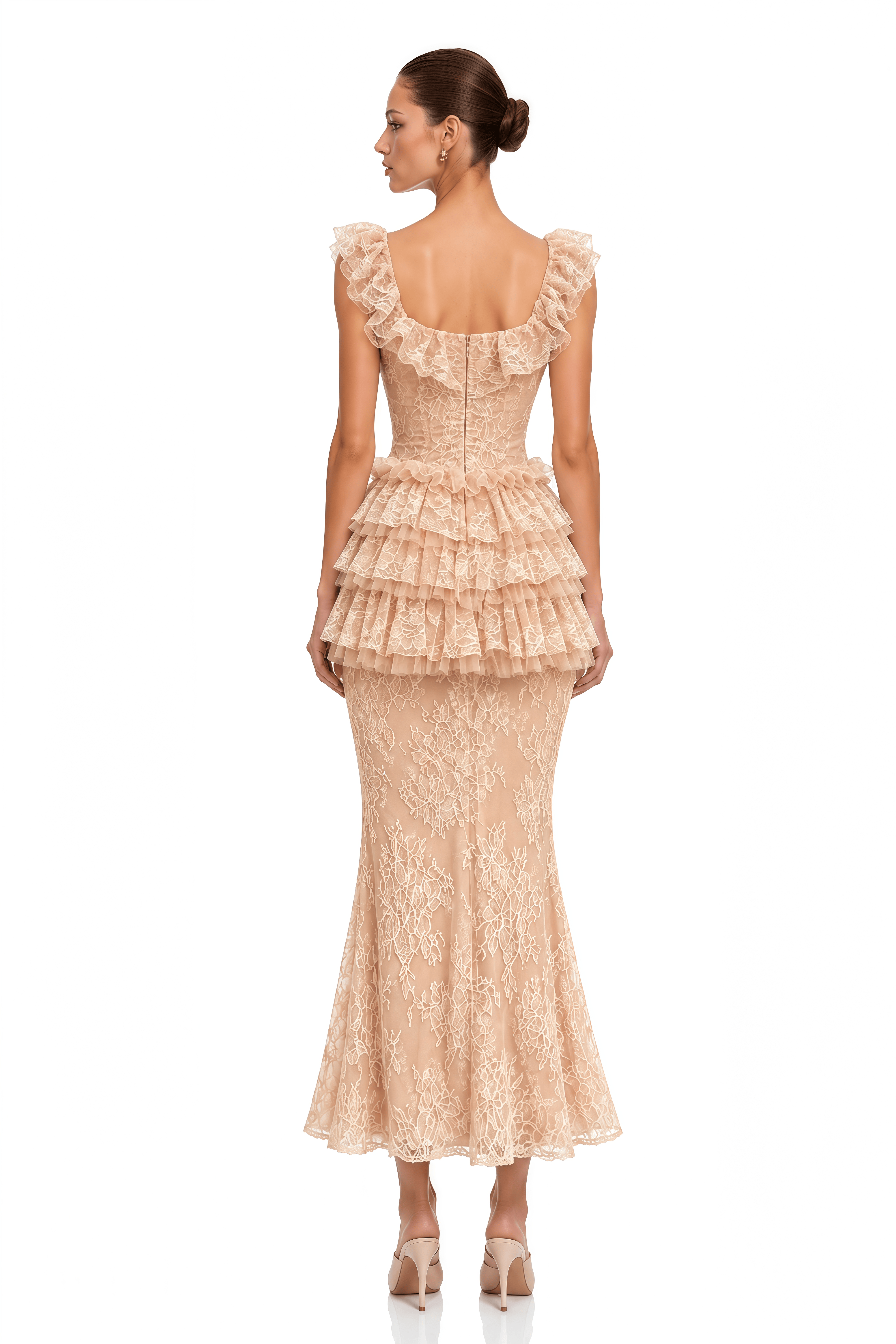 Libbie Neutral Lace Tiered Peplum Top & Midi Skirt Set