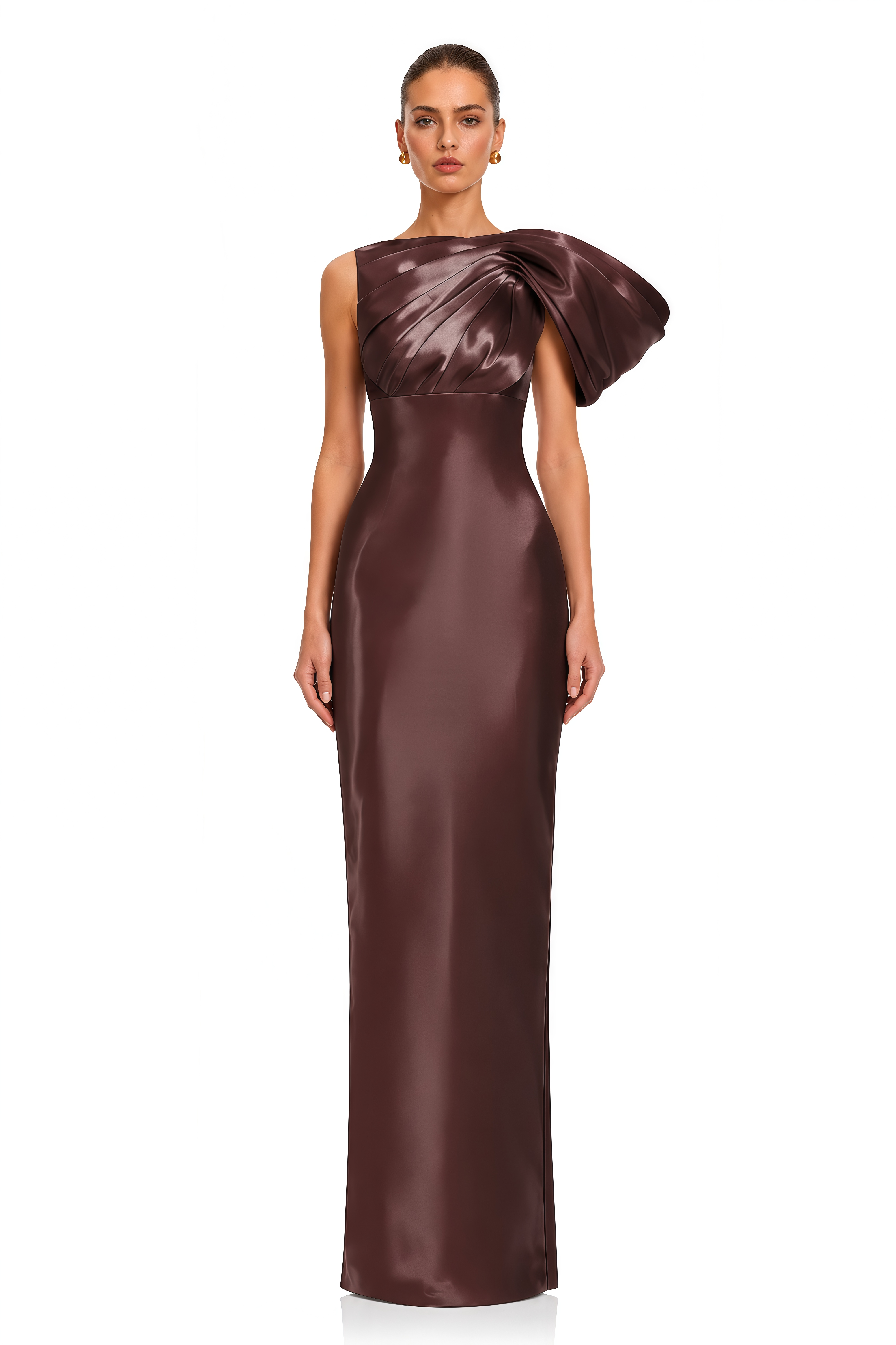 Lilah Chocolate Brown Sculptural Bow Satin Maxi Dress