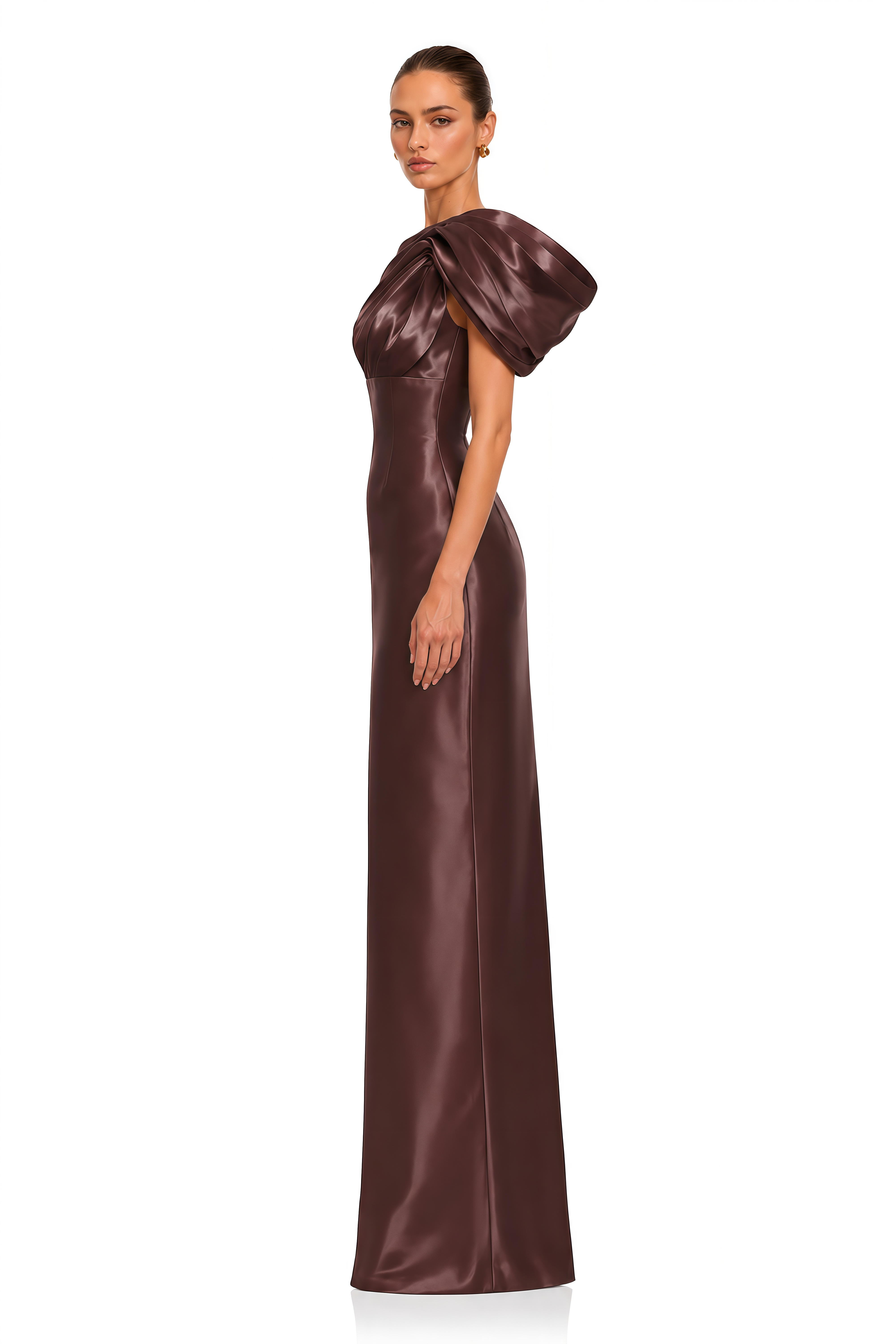 Lilah Chocolate Brown Sculptural Bow Satin Maxi Dress