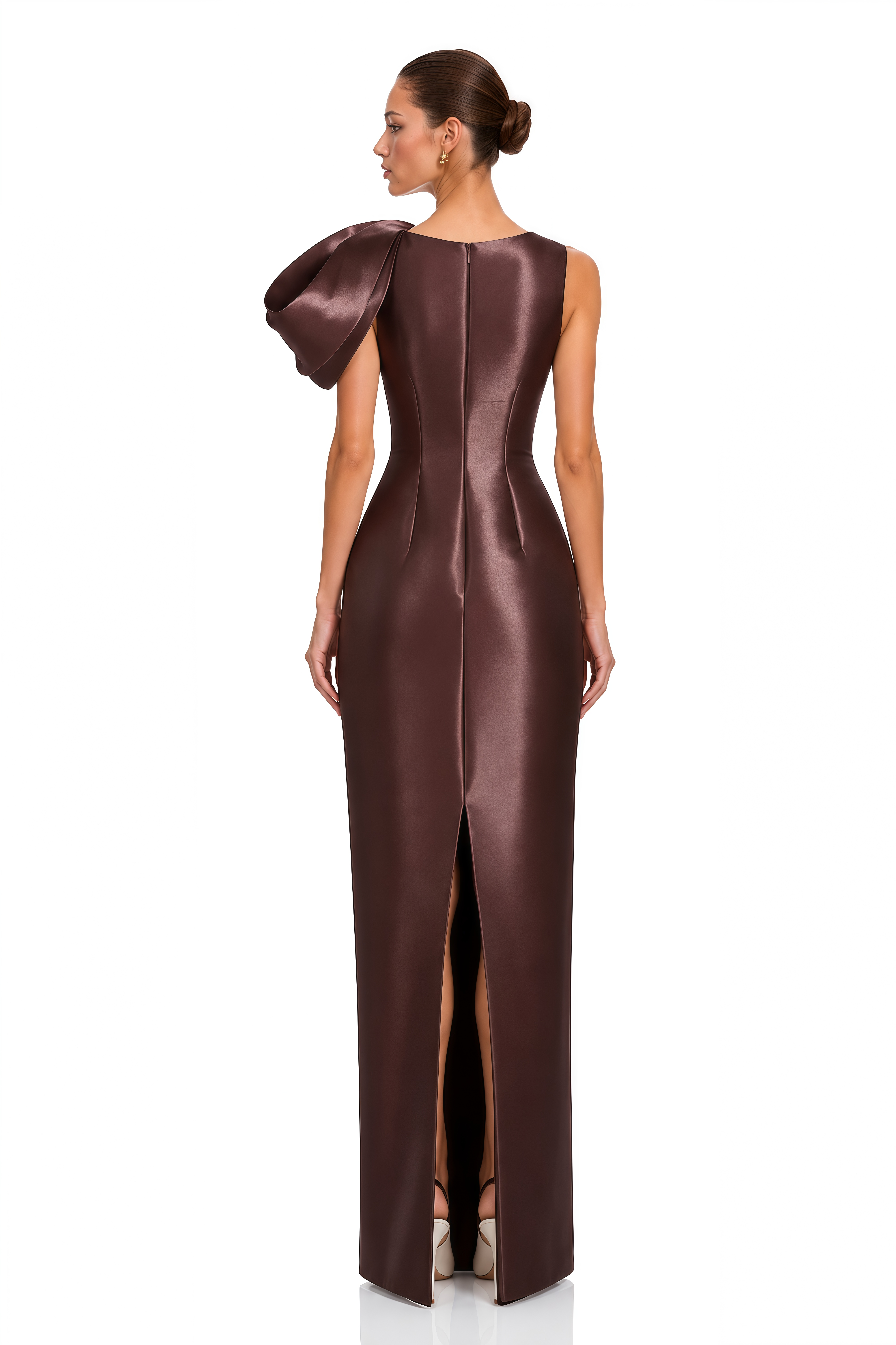 Lilah Chocolate Brown Sculptural Bow Satin Maxi Dress
