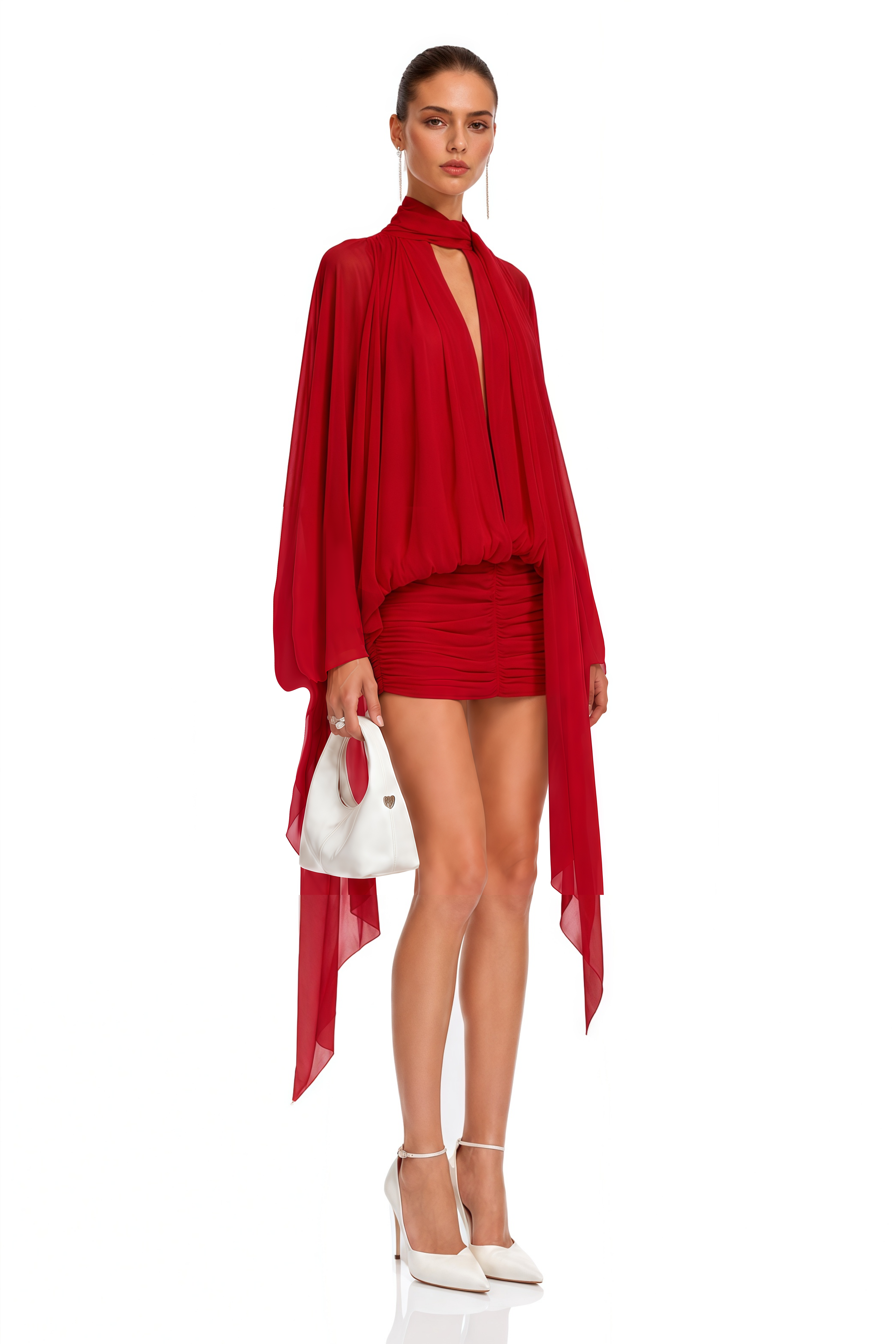Liliane Red Draped Cape Sleeve Mini Dress