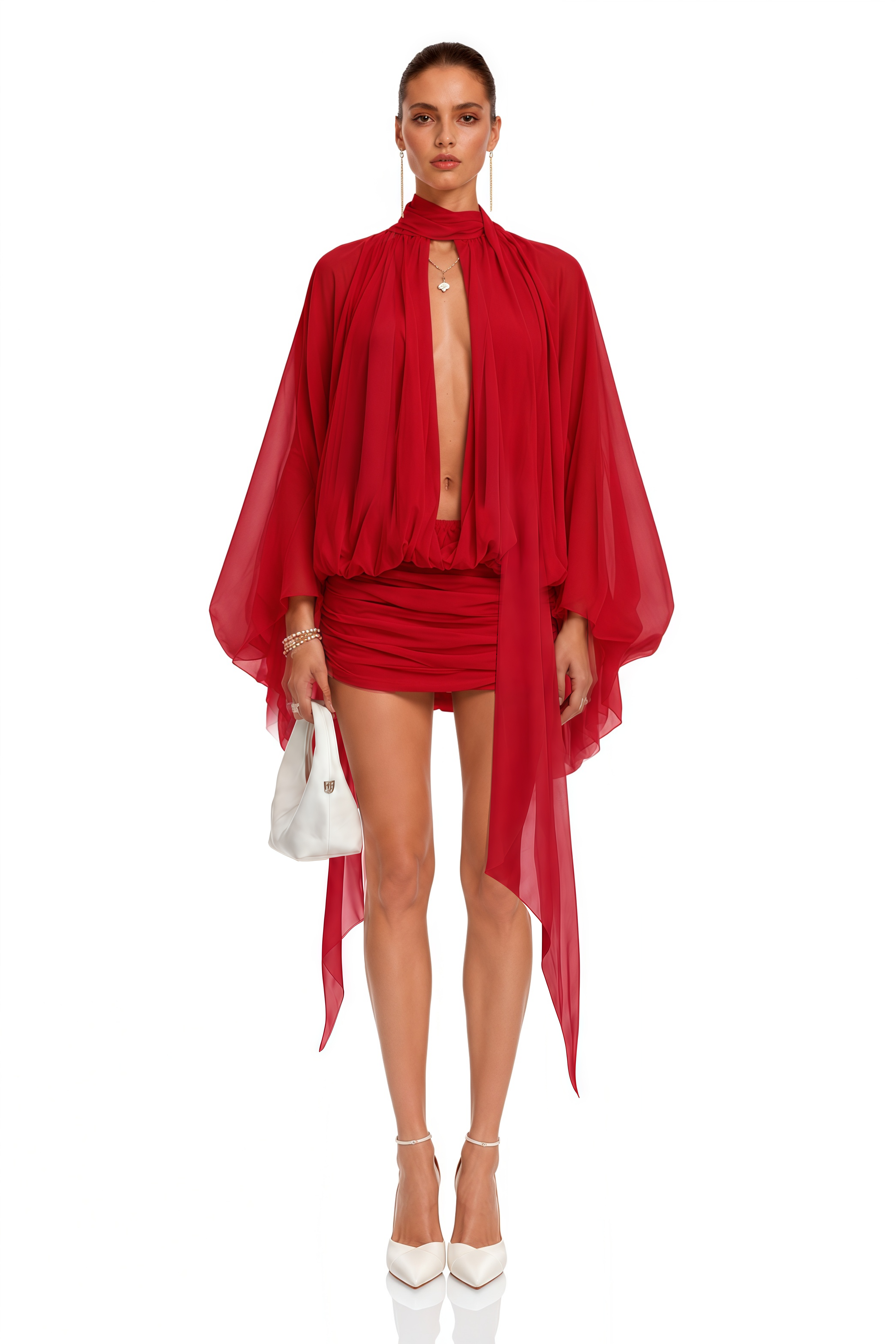 Liliane Red Draped Cape Sleeve Mini Dress