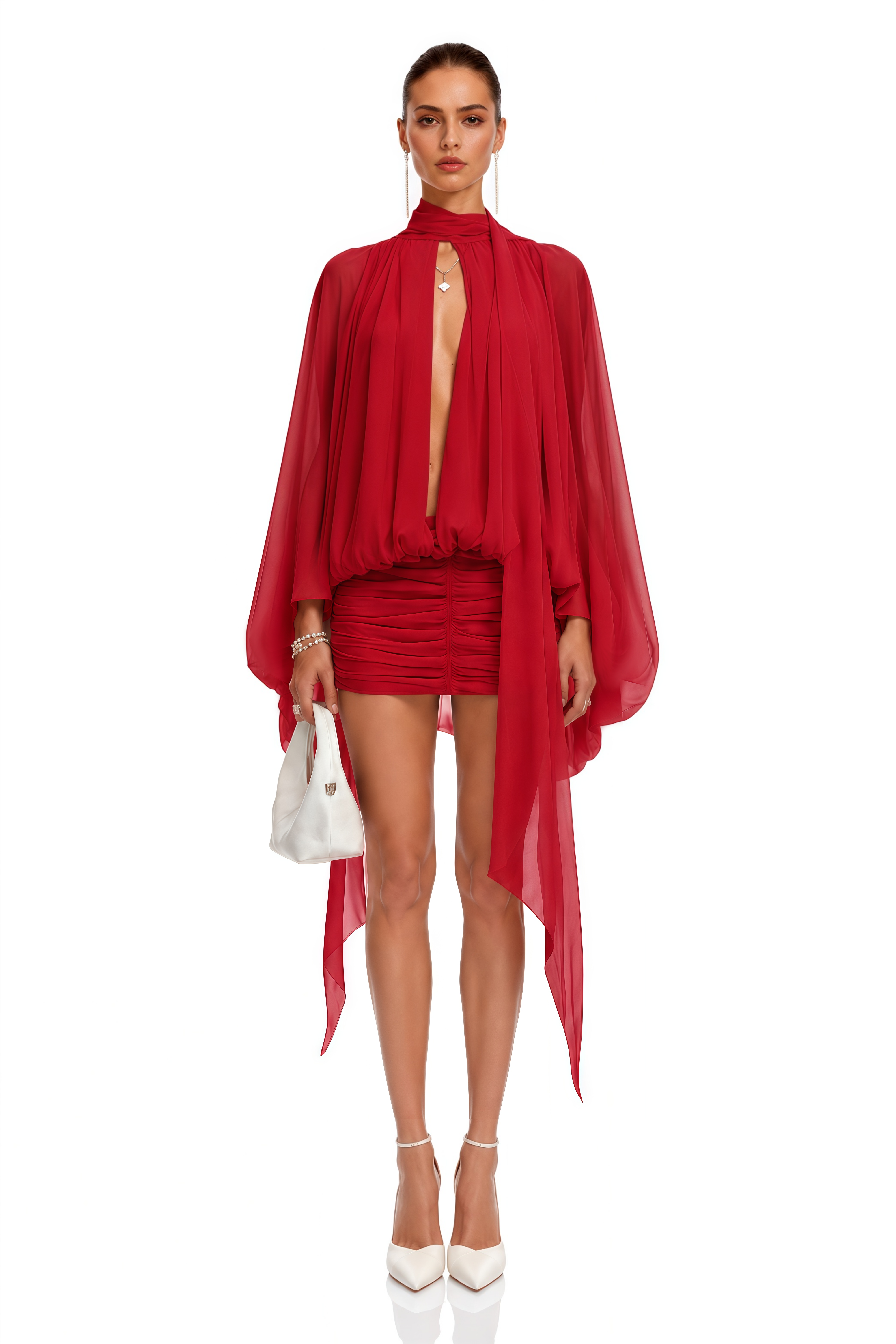 Liliane Red Draped Cape Sleeve Mini Dress