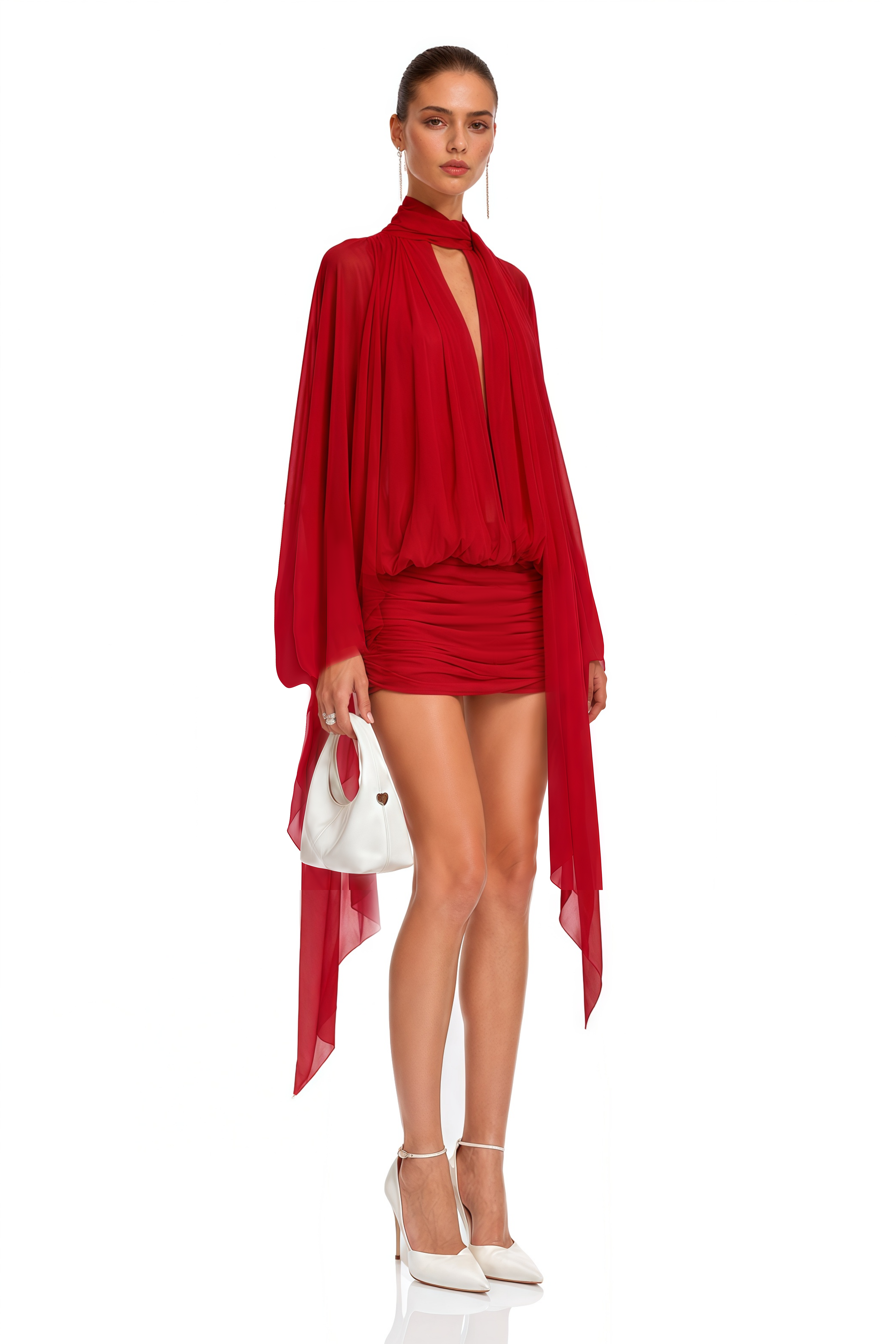 Liliane Red Draped Cape Sleeve Mini Dress