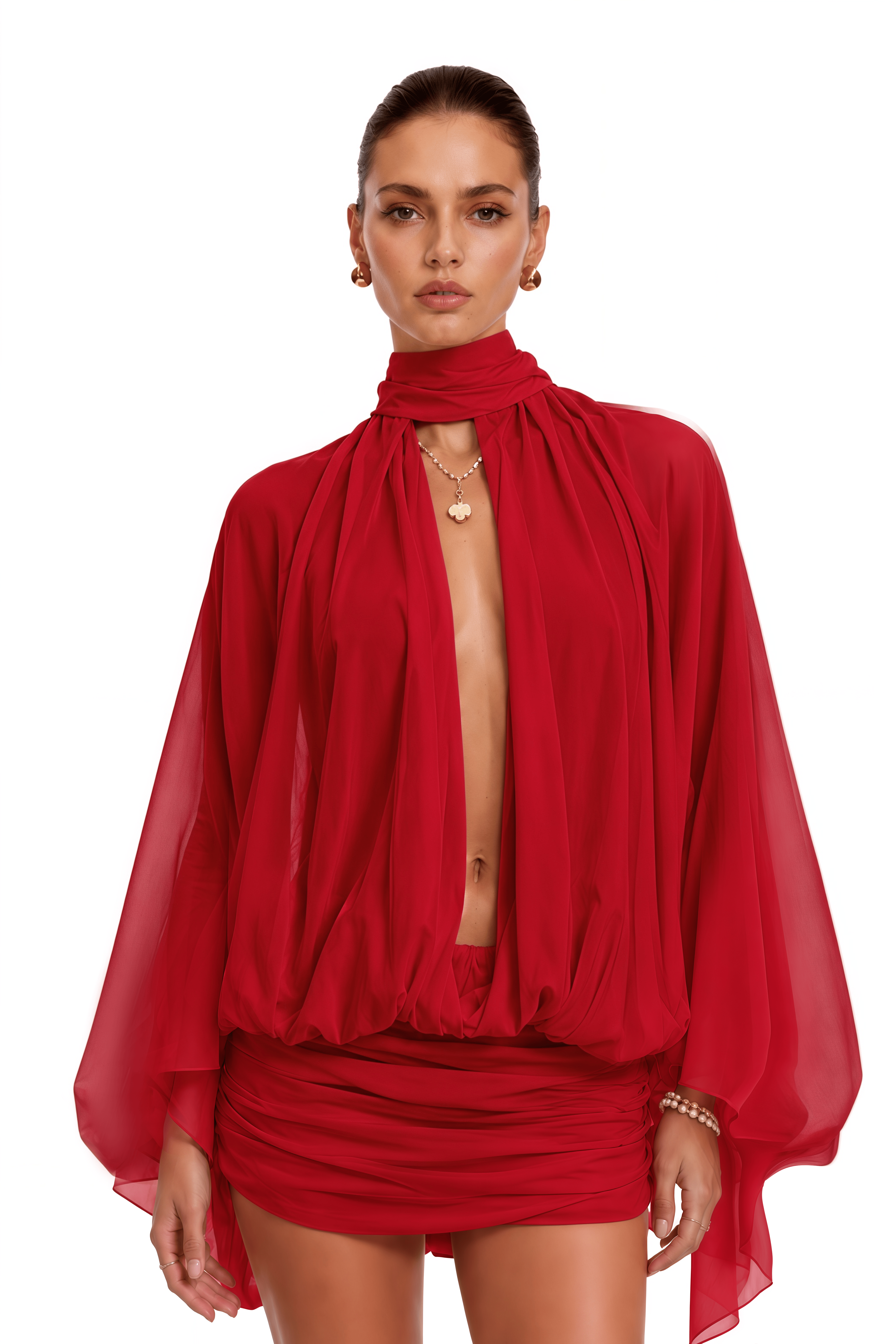 Liliane Red Draped Cape Sleeve Mini Dress