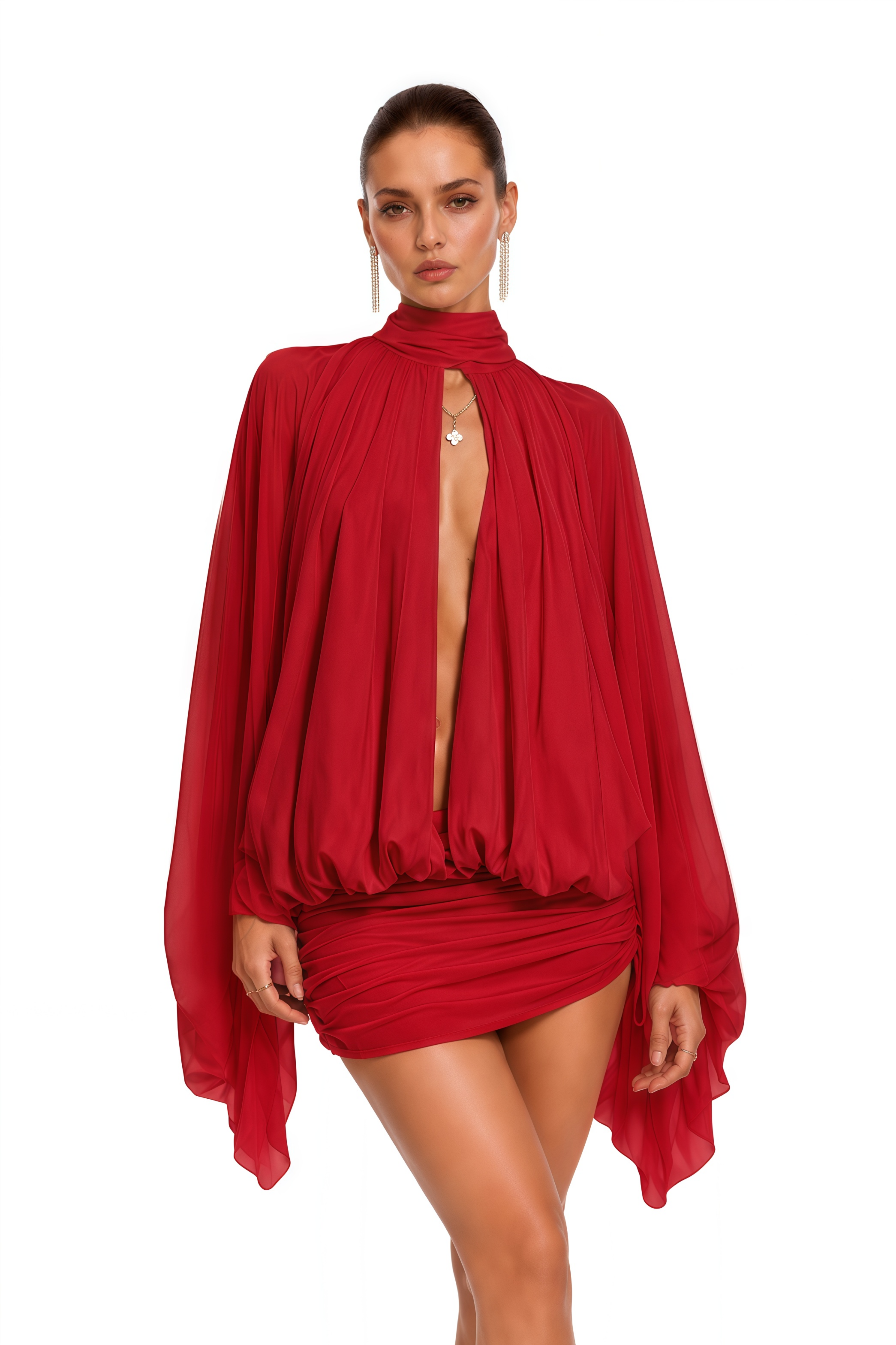 Liliane Red Draped Cape Sleeve Mini Dress