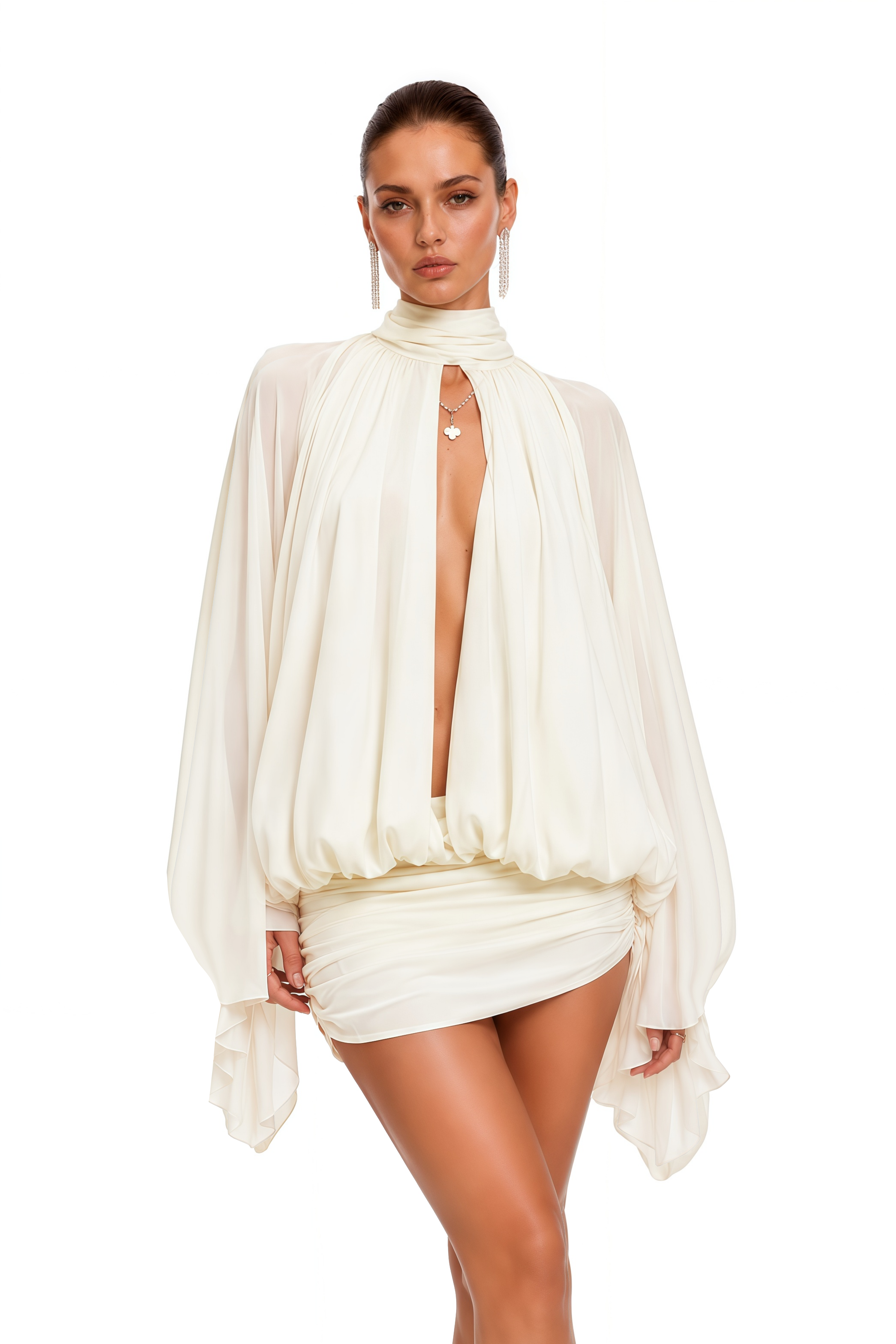 Liliane White Draped Cape Sleeve Mini Dress