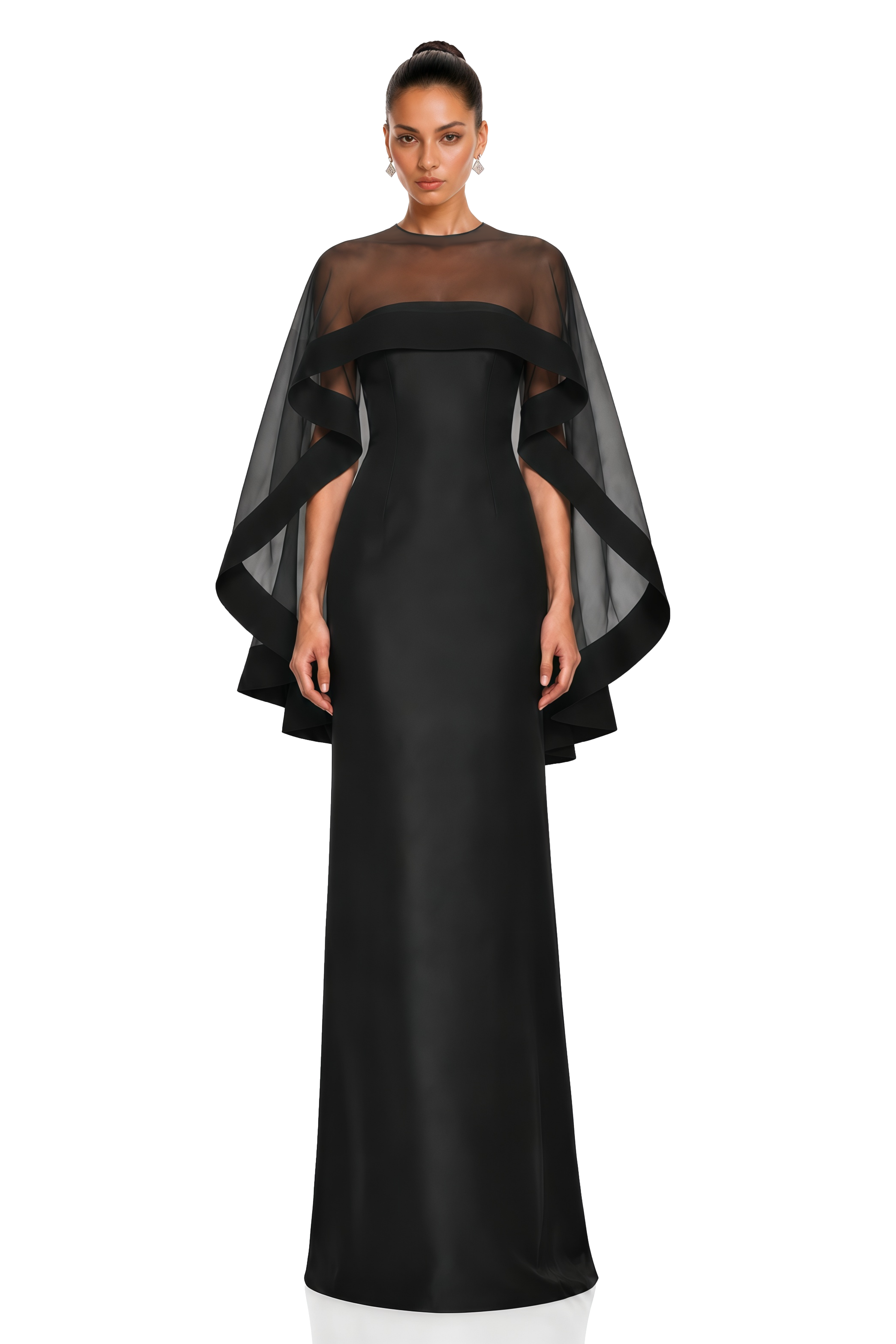 Linette Black Cape Sleeve Satin Maxi Dress