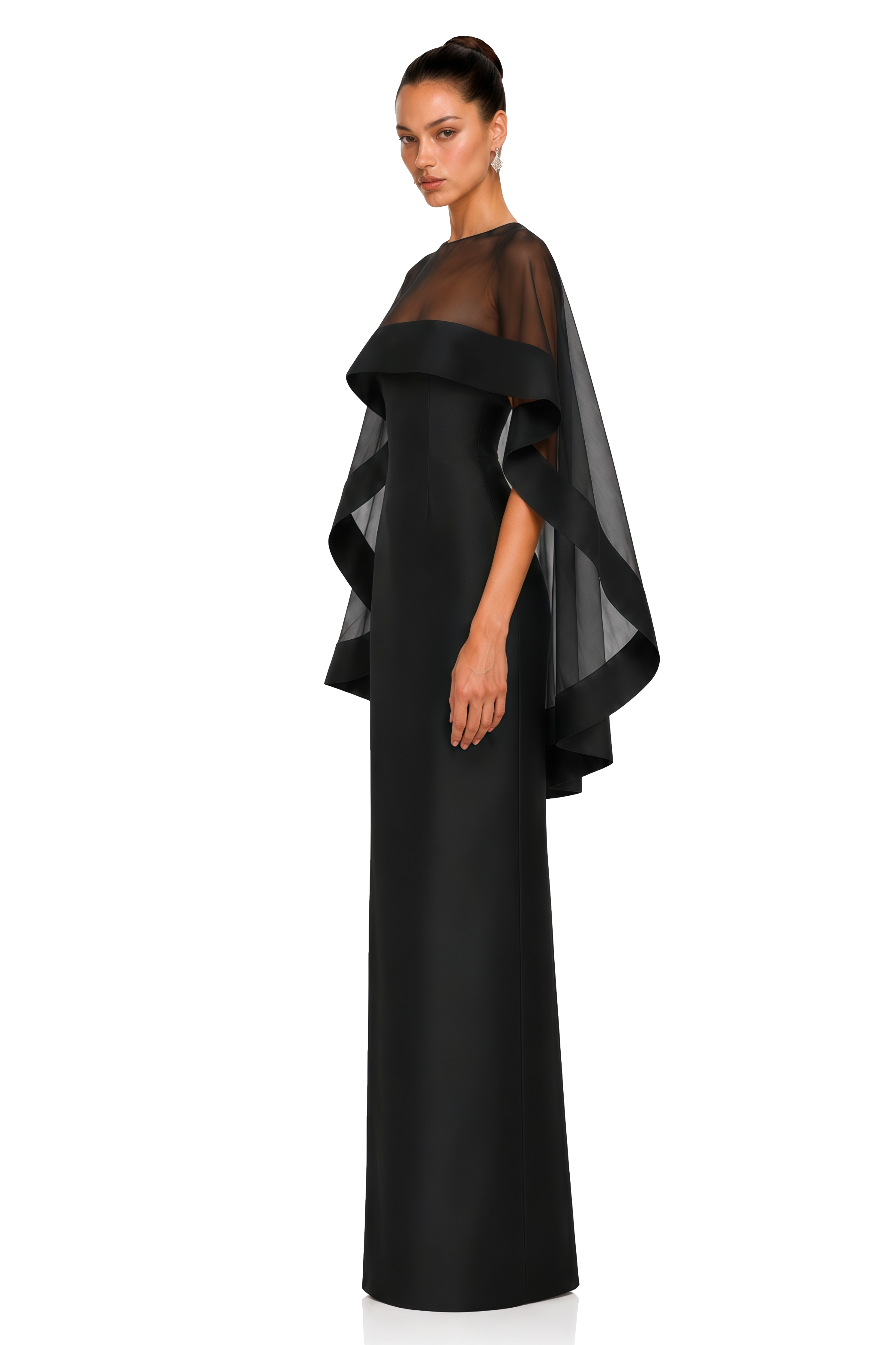 Linette Black Cape Sleeve Satin Maxi Dress