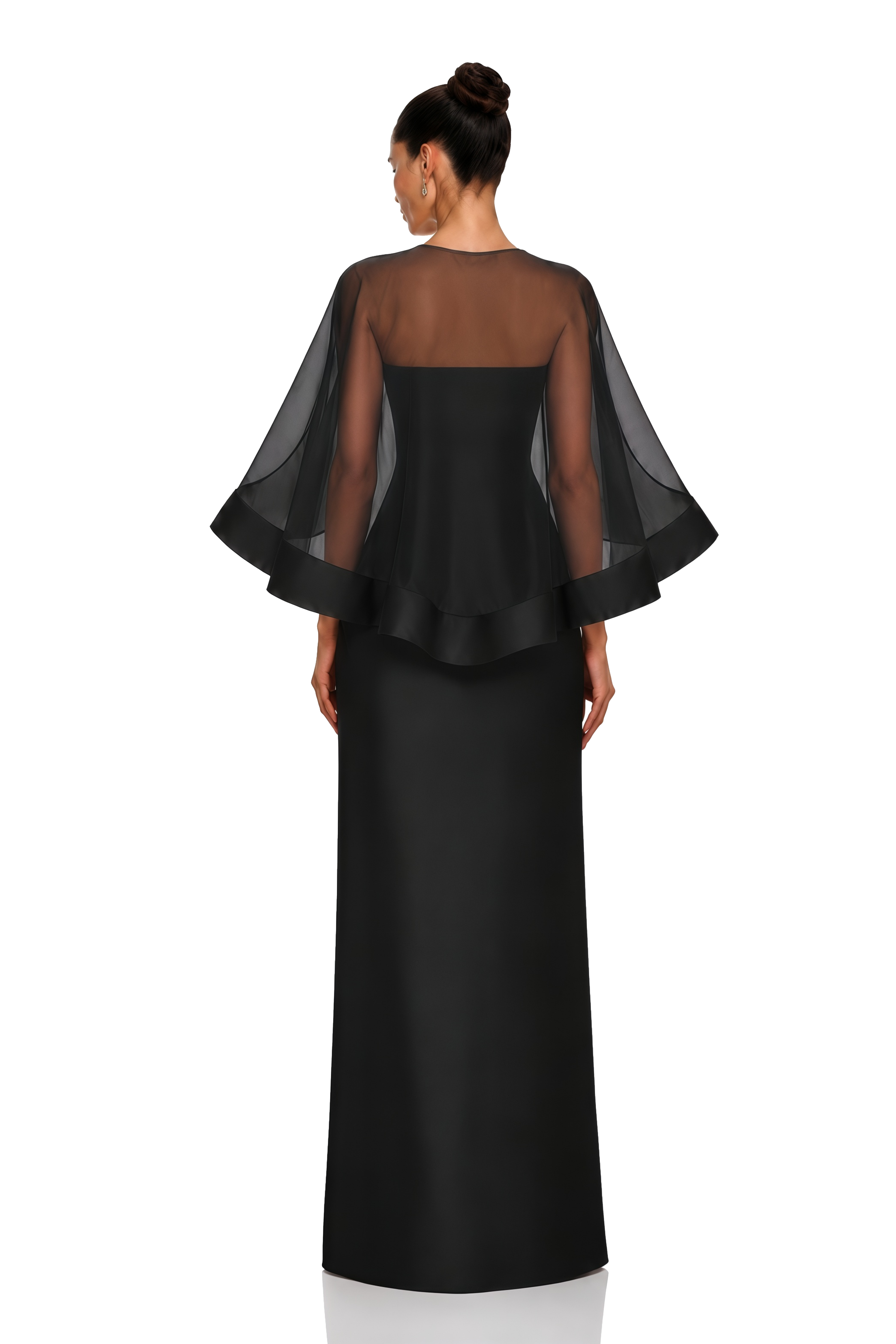 Linette Black Cape Sleeve Satin Maxi Dress