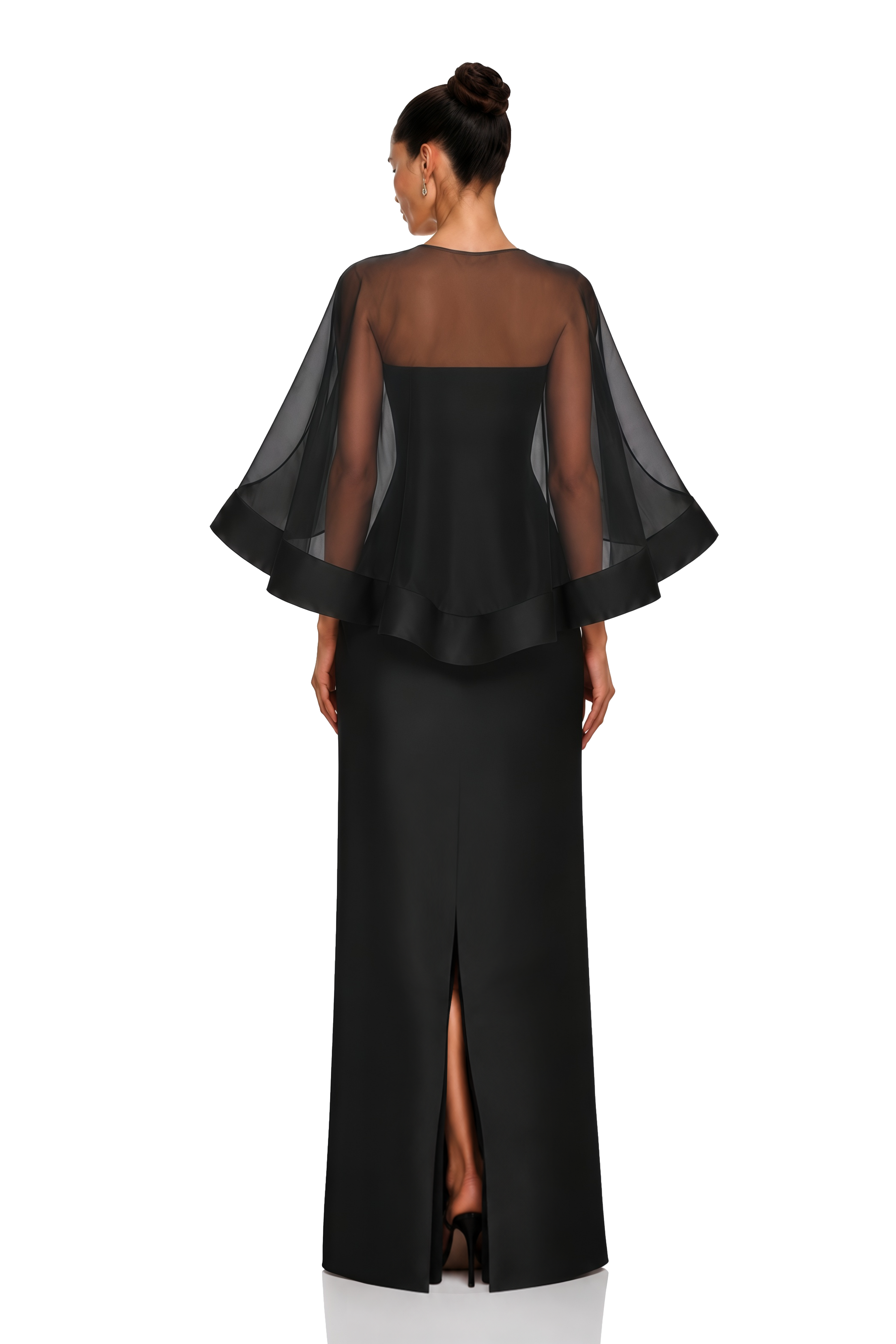 Linette Black Cape Sleeve Satin Maxi Dress