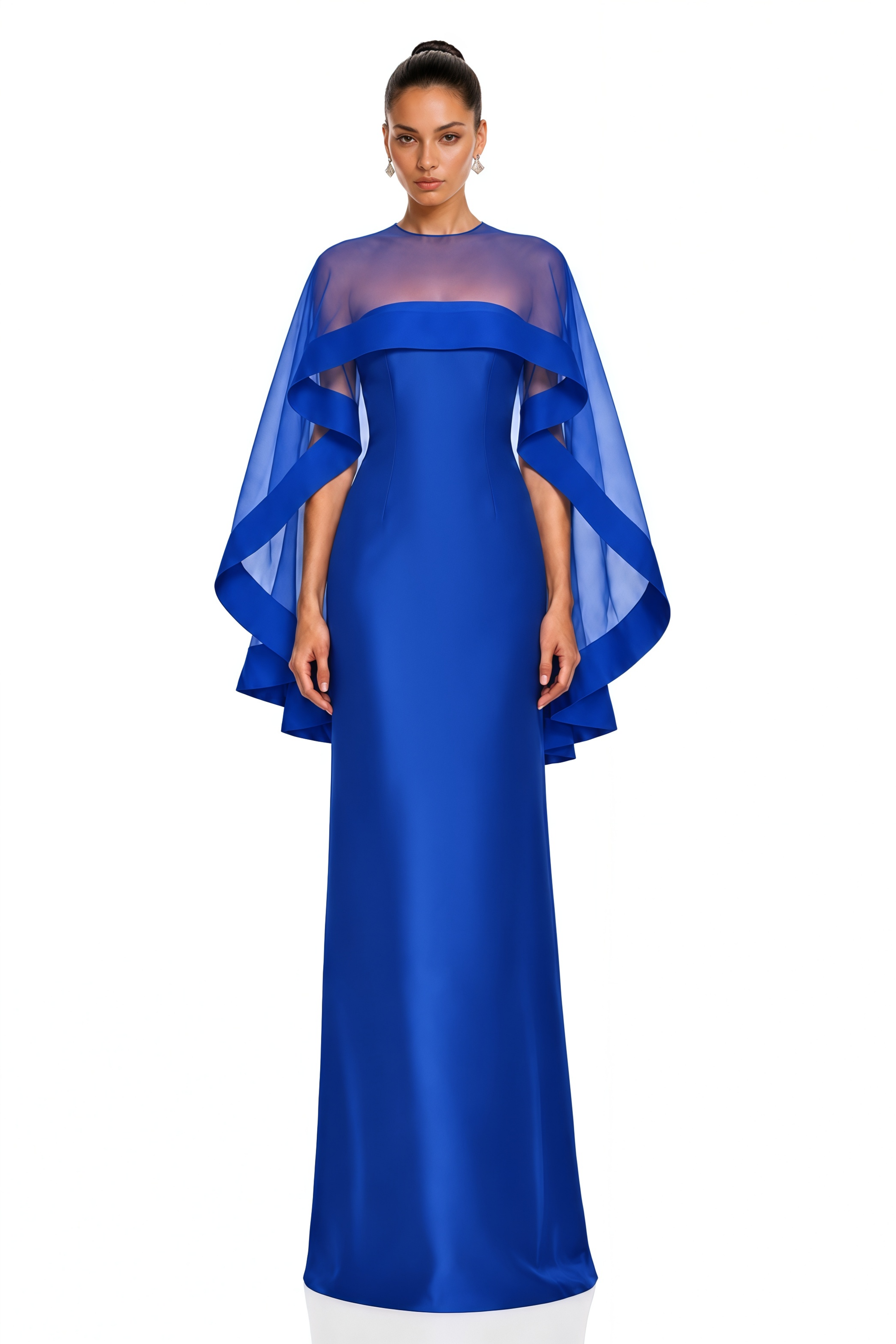 Linette Royal Blue Cape Sleeve Satin Maxi Dress