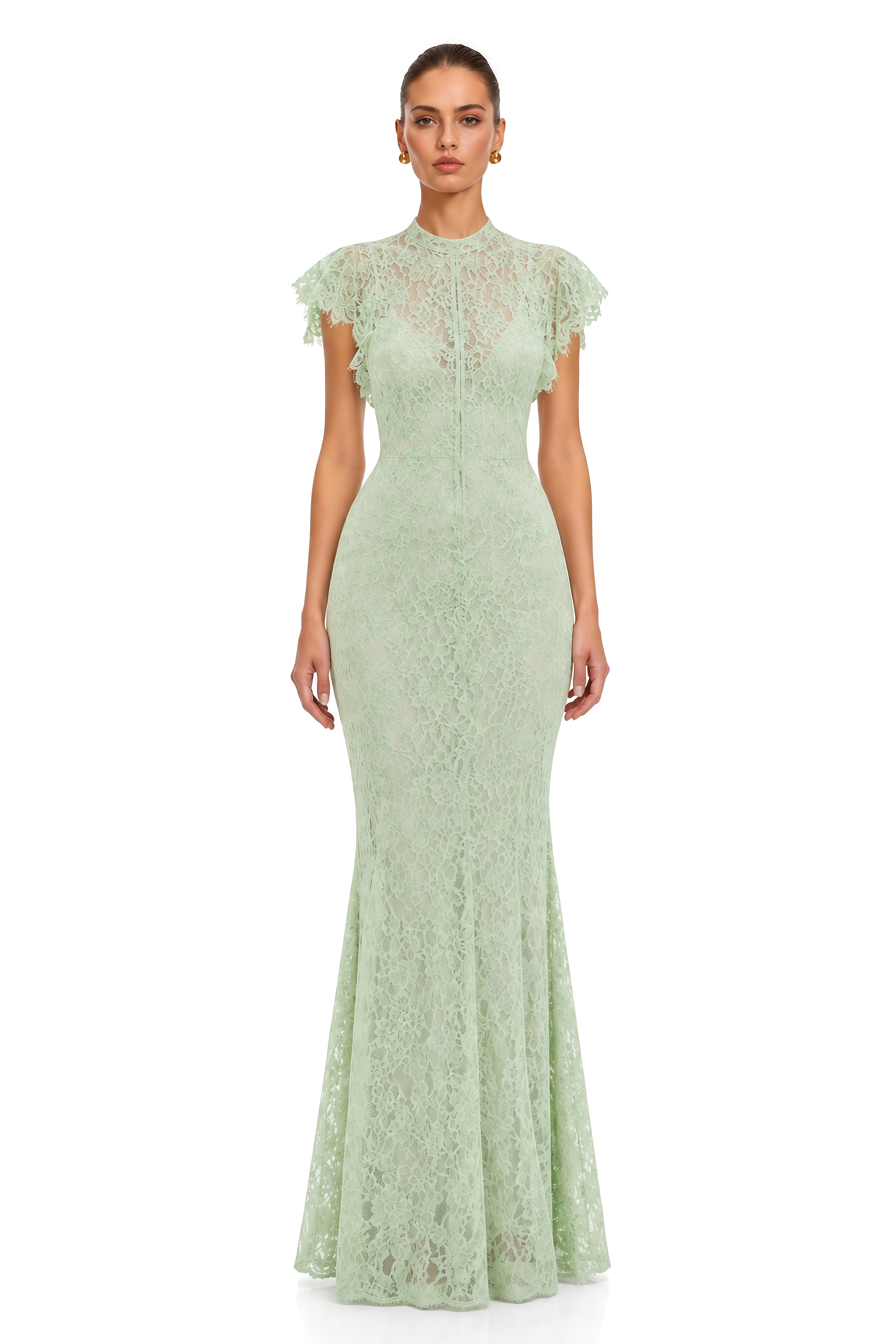 Linnea Mint Green High Neck Lace Mermaid Maxi Dress