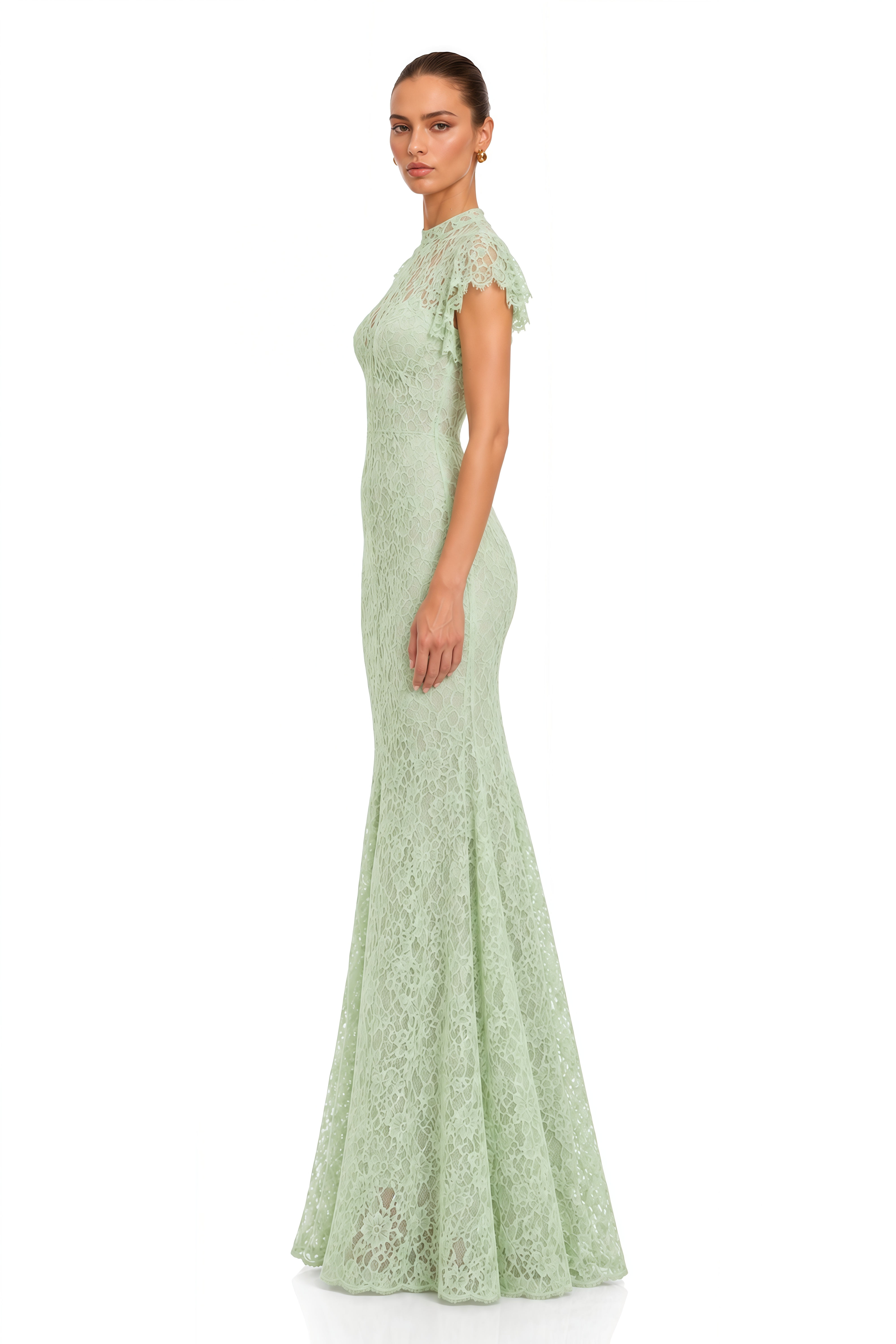 Linnea Mint Green High Neck Lace Mermaid Maxi Dress