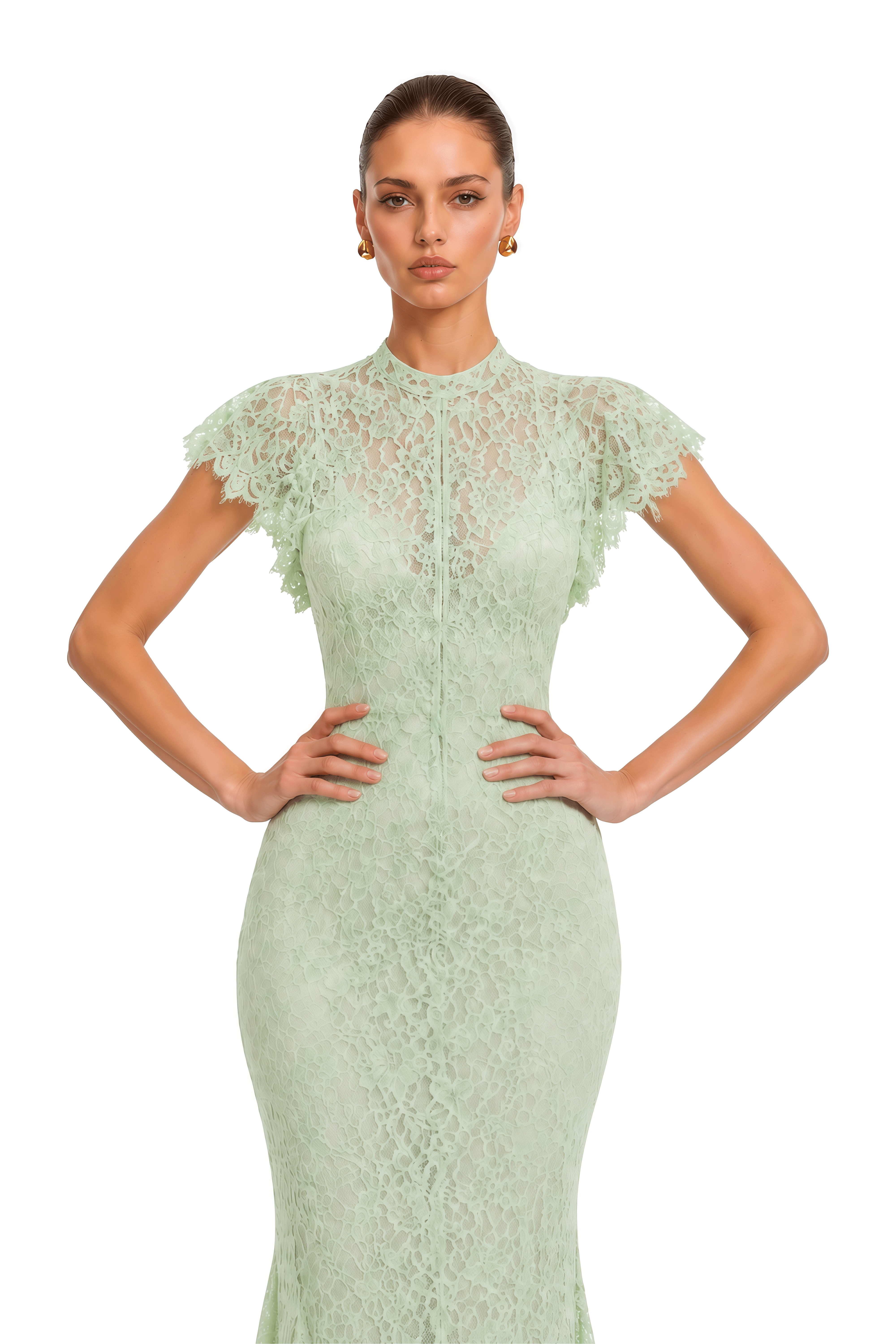 Linnea Mint Green High Neck Lace Mermaid Maxi Dress