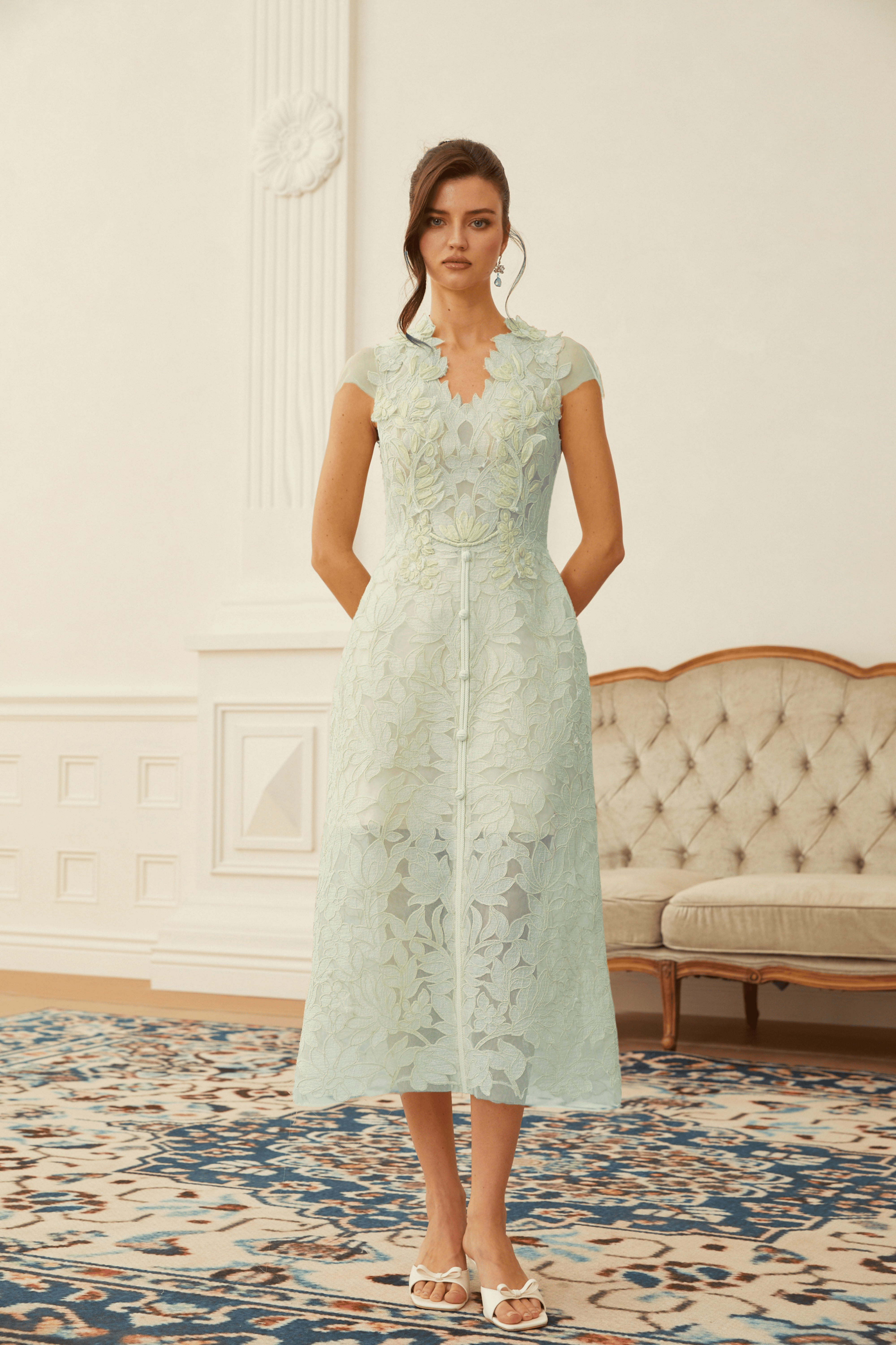 Linnea Green Floral Applique V-Neck Midi Dress