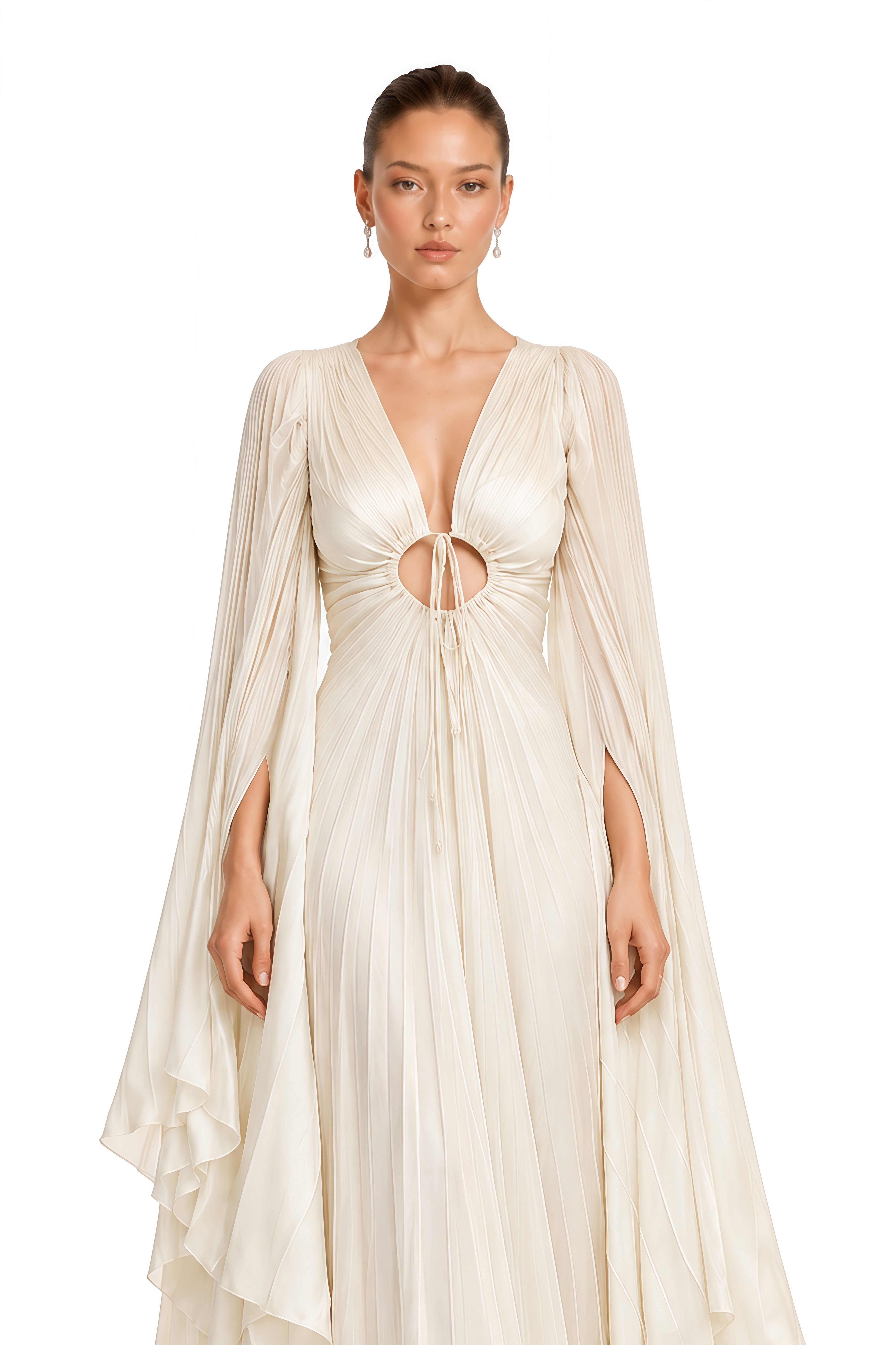 Liora Ivory Plunge Neck Cut-Out Pleated Maxi Dress – Miss Rosier ...
