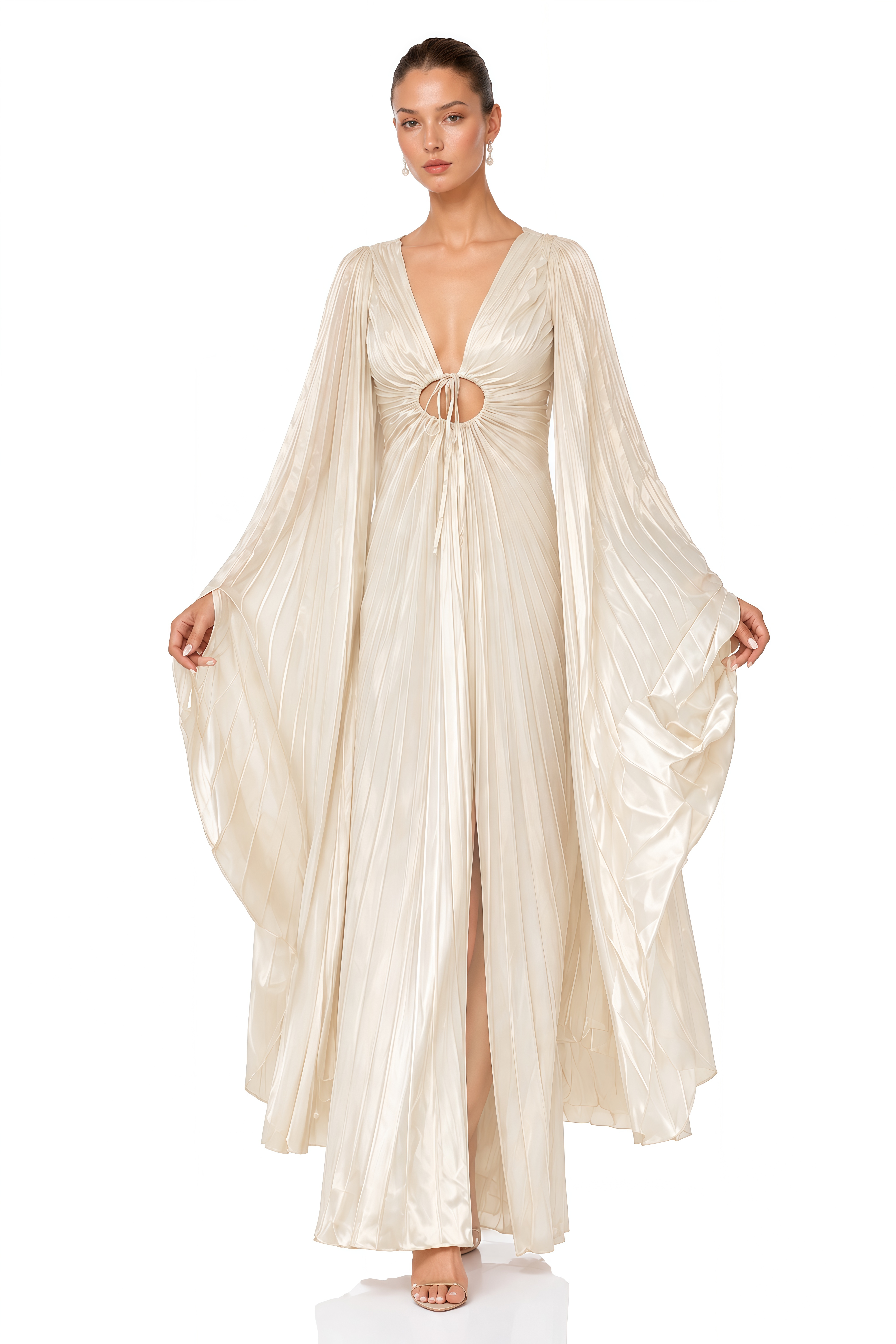 Liora Ivory Plunge Neck Cut-Out Pleated Maxi Dress