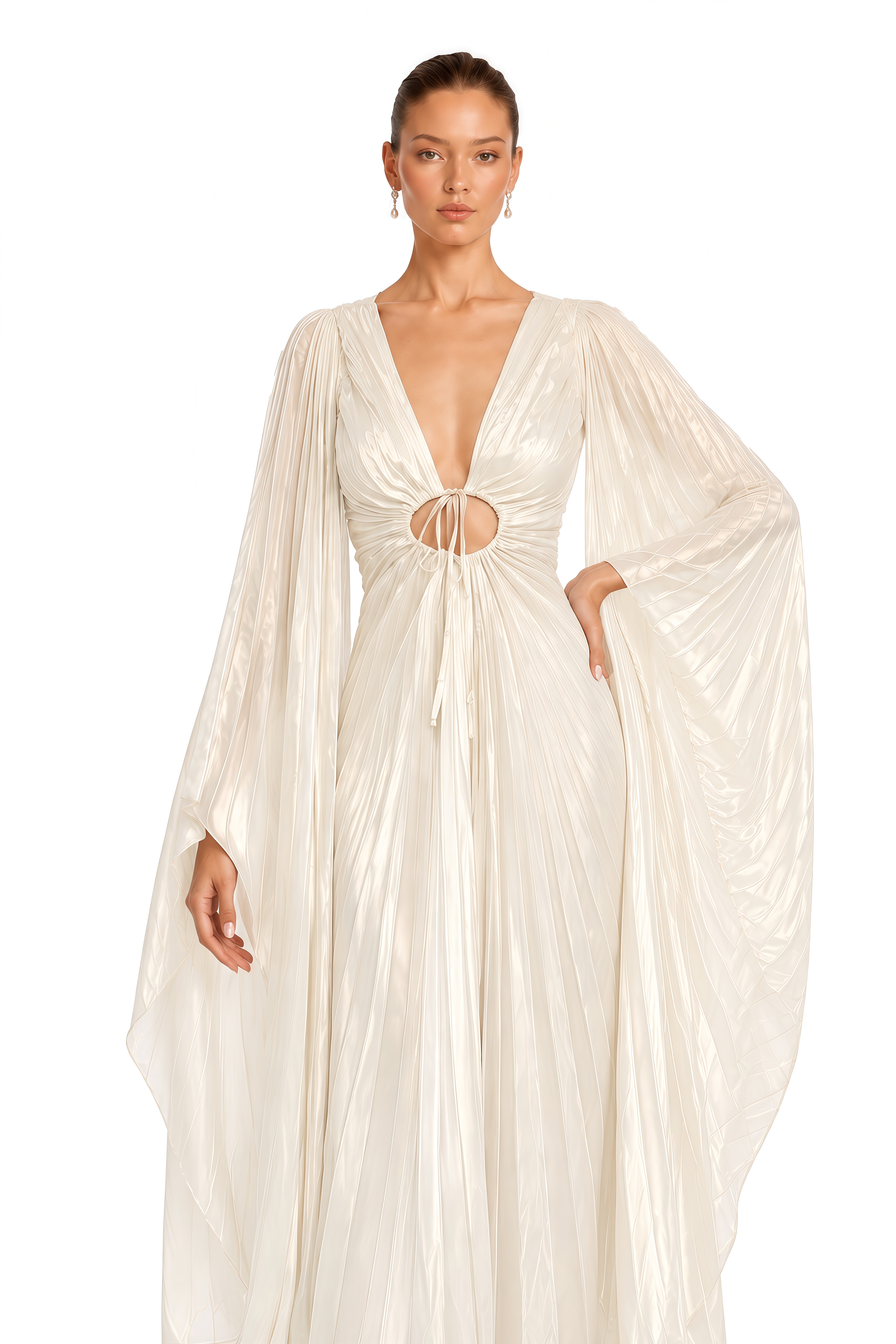 Liora Ivory Plunge Neck Cut-Out Pleated Maxi Dress