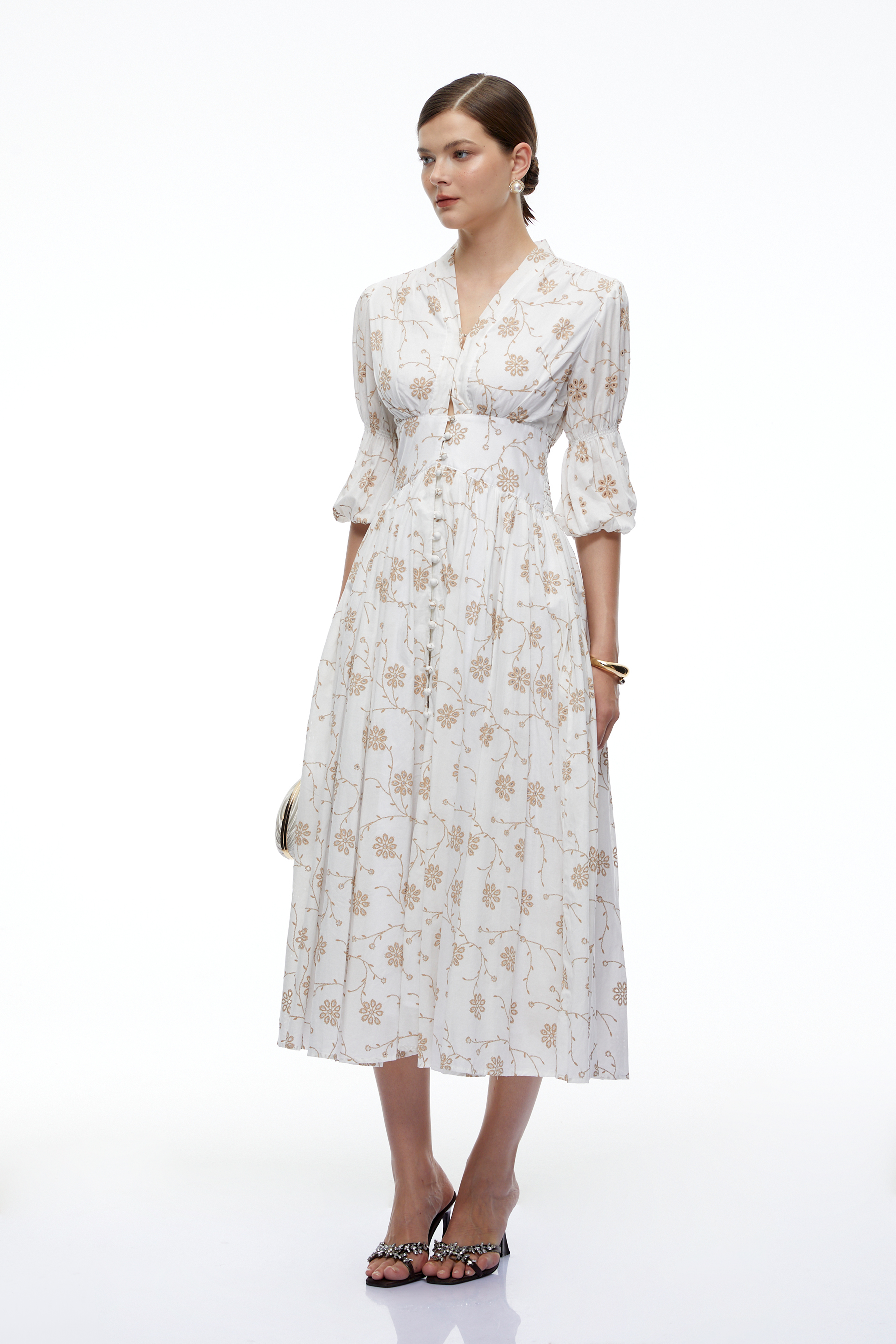 Liora White Floral V-Neck Puff Sleeve Midi Dress