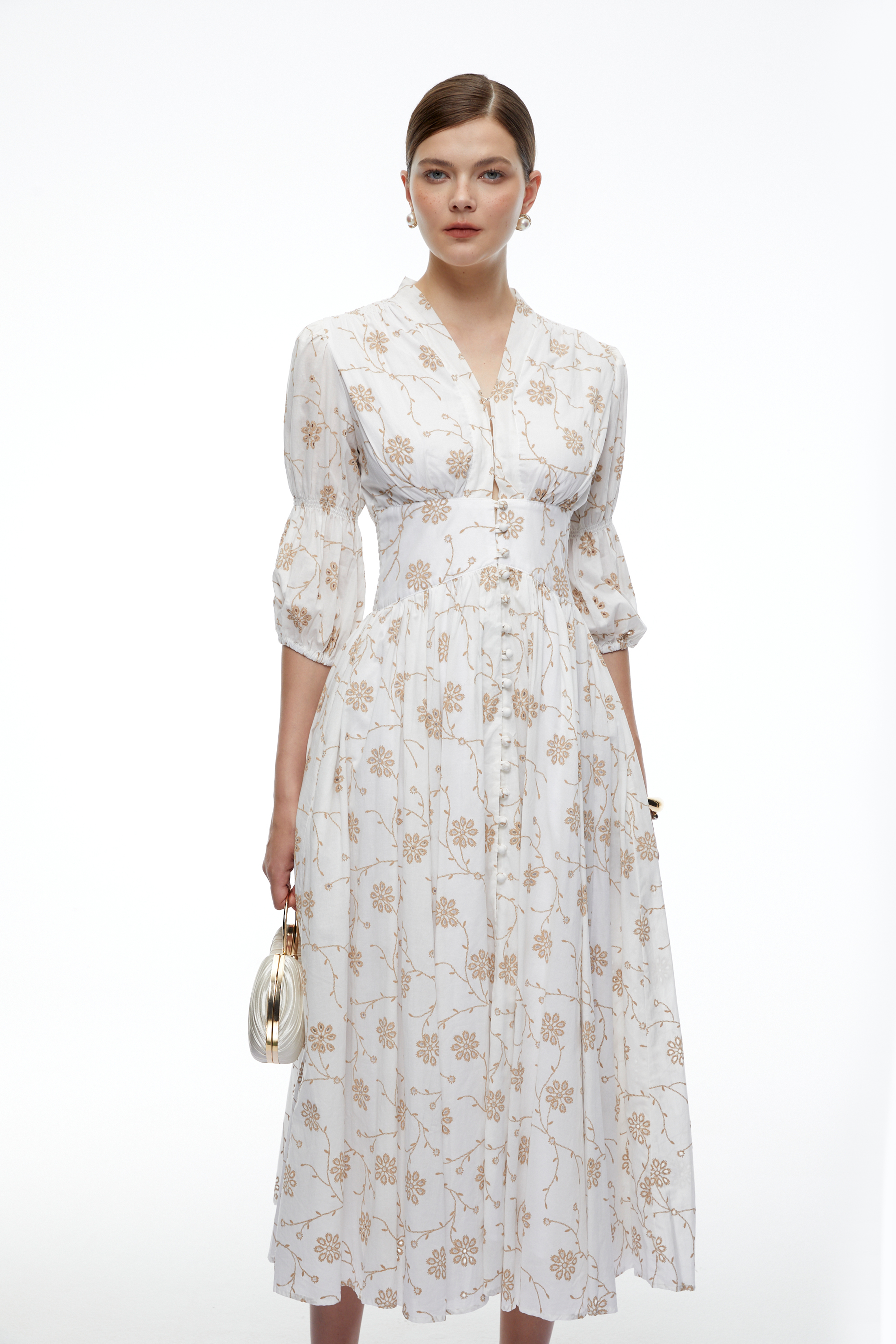Liora White Floral V-Neck Puff Sleeve Midi Dress