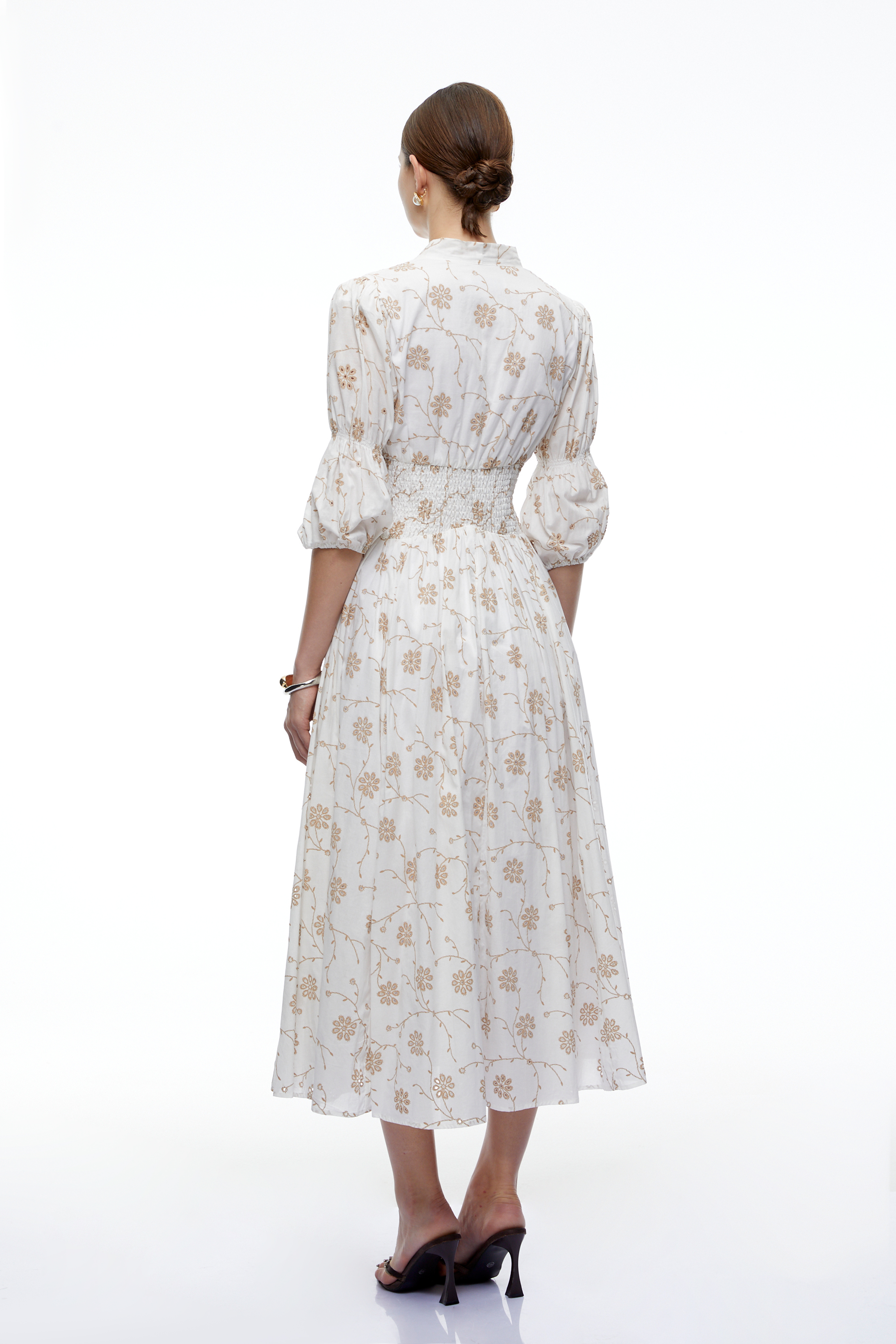 Liora White Floral V-Neck Puff Sleeve Midi Dress