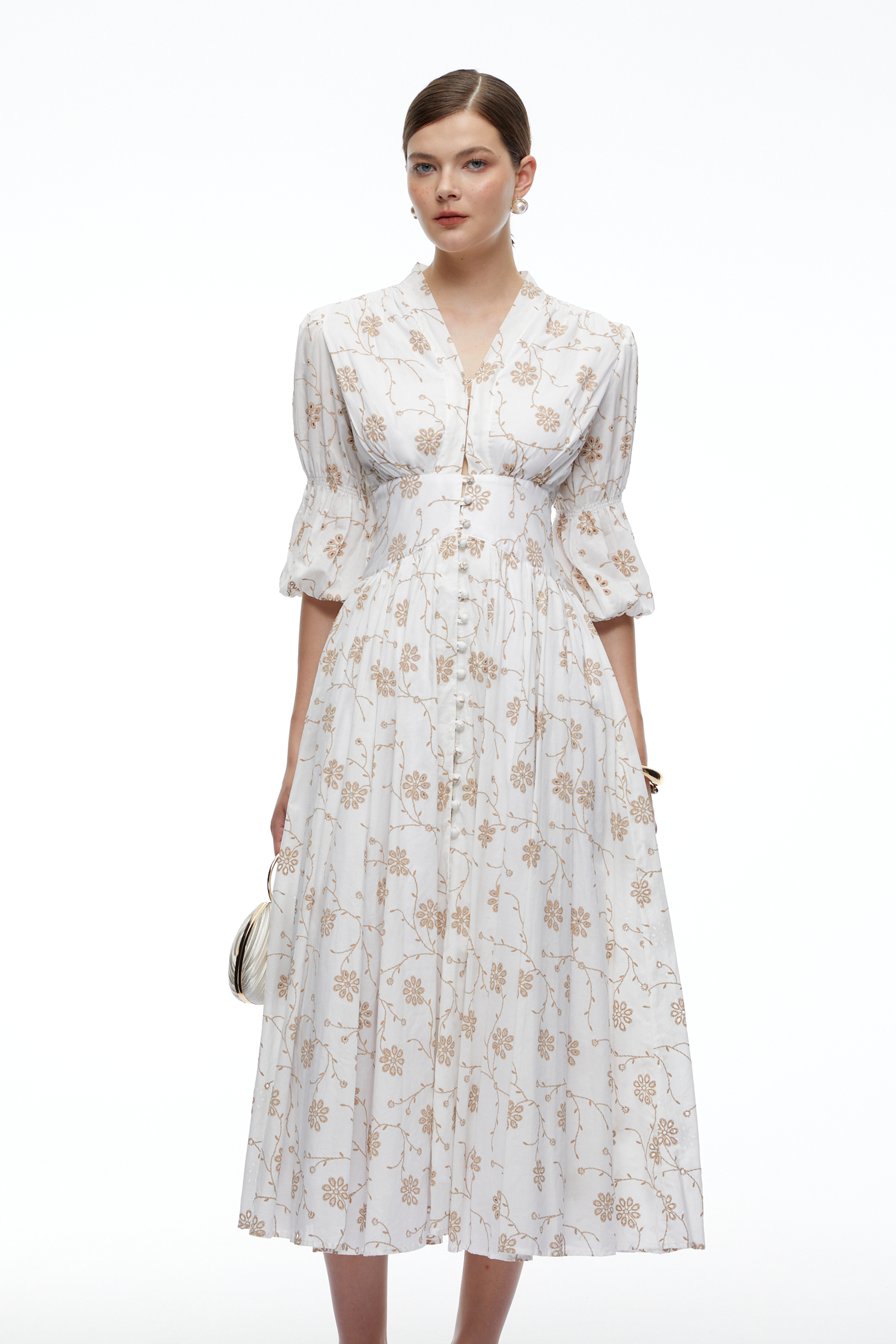 Liora White Floral V Neck Puff SleeveS Midi Dress