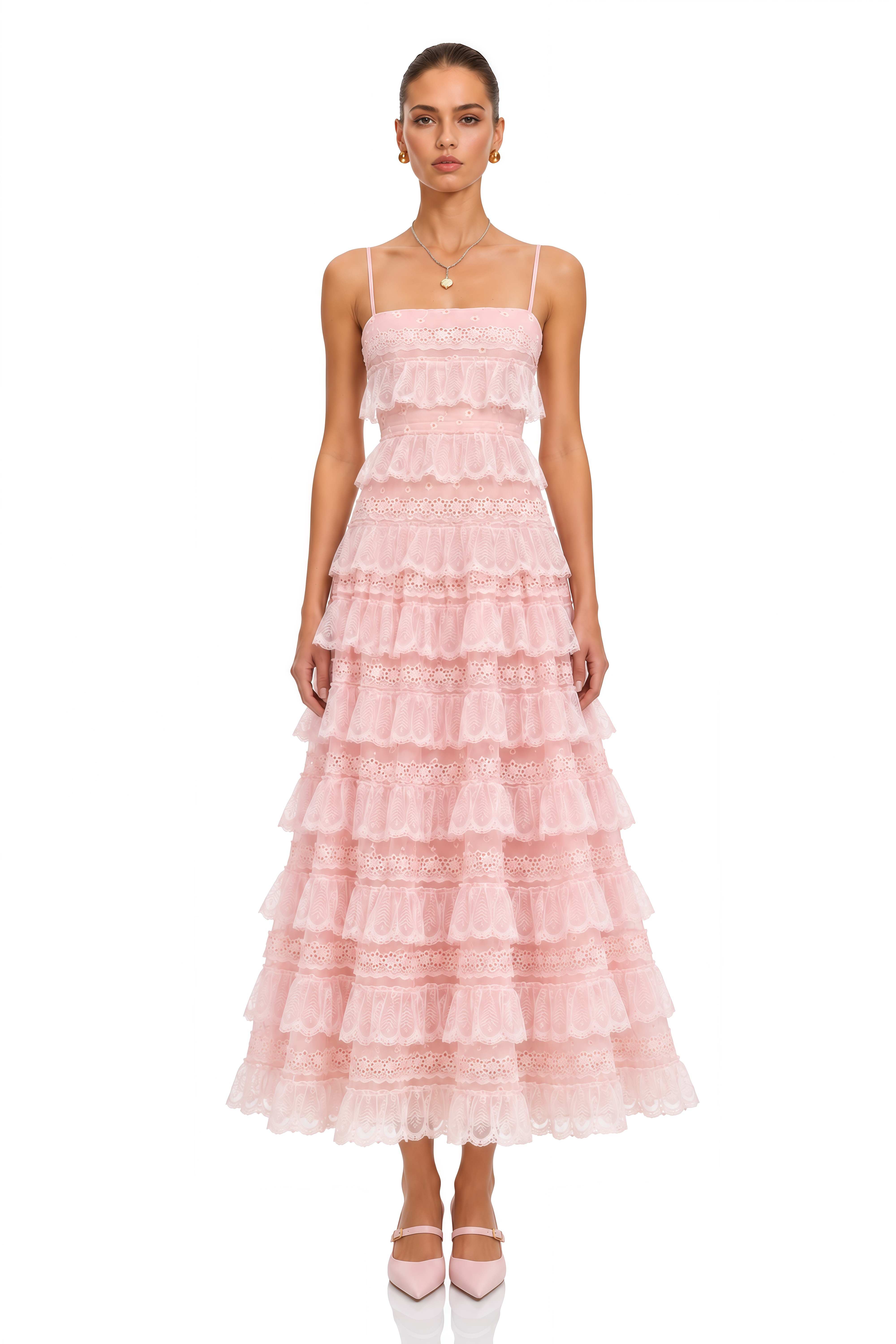 Lisandra Pink Tiered Ruffle Spaghetti Strap Maxi Dress