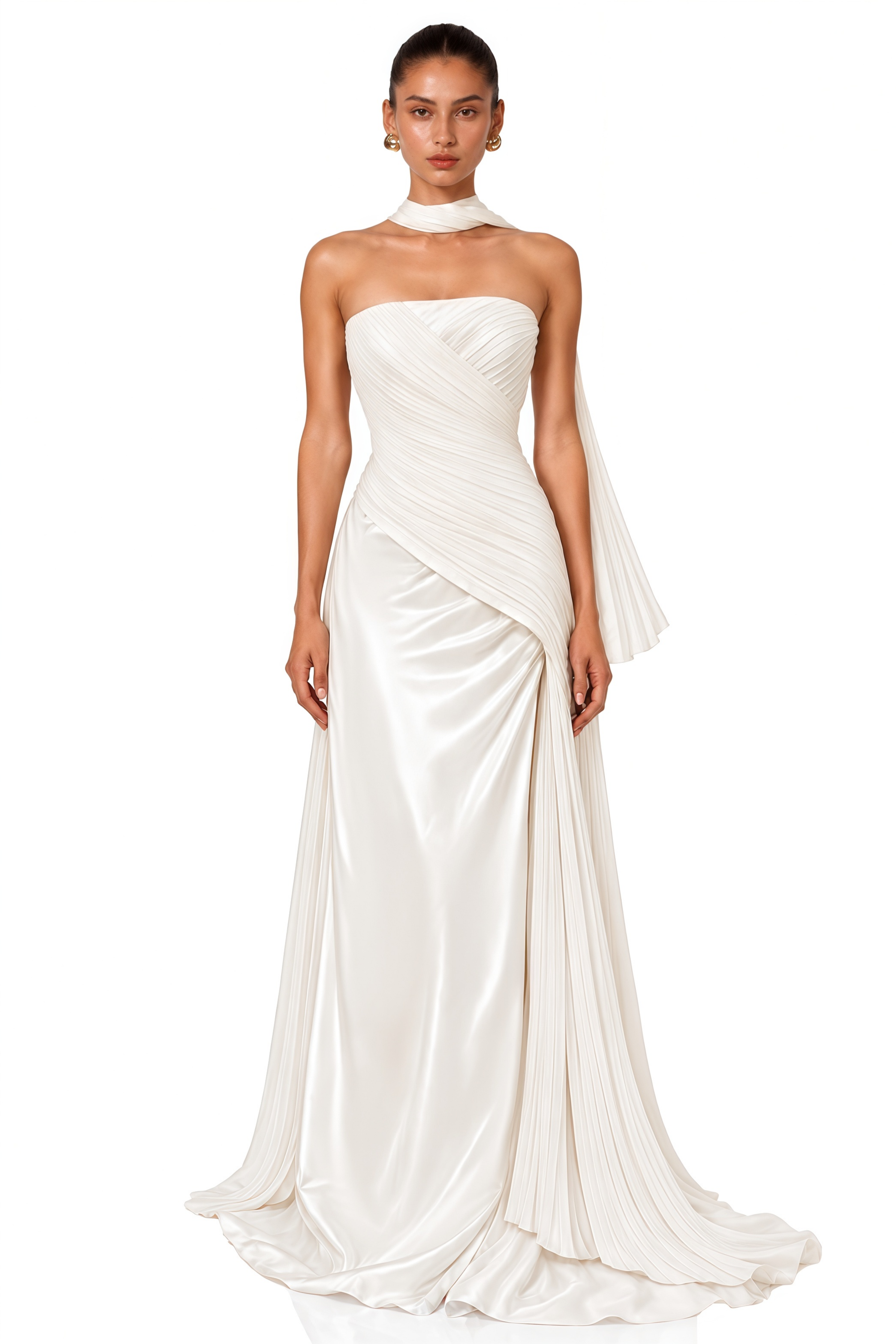 Lisbeth White Strapless Ruched Satin Maxi Dress