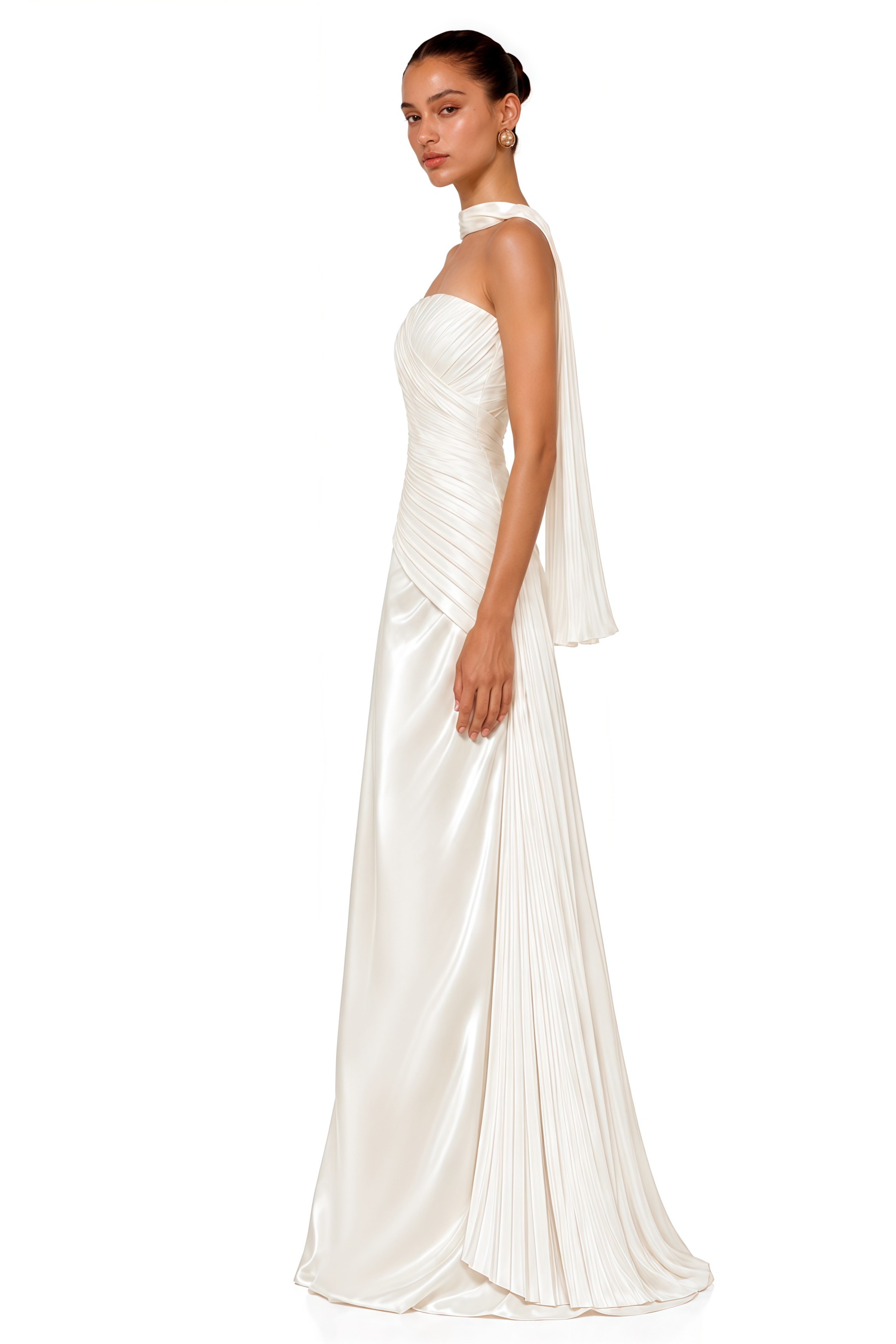 Lisbeth White Strapless Ruched Satin Maxi Dress