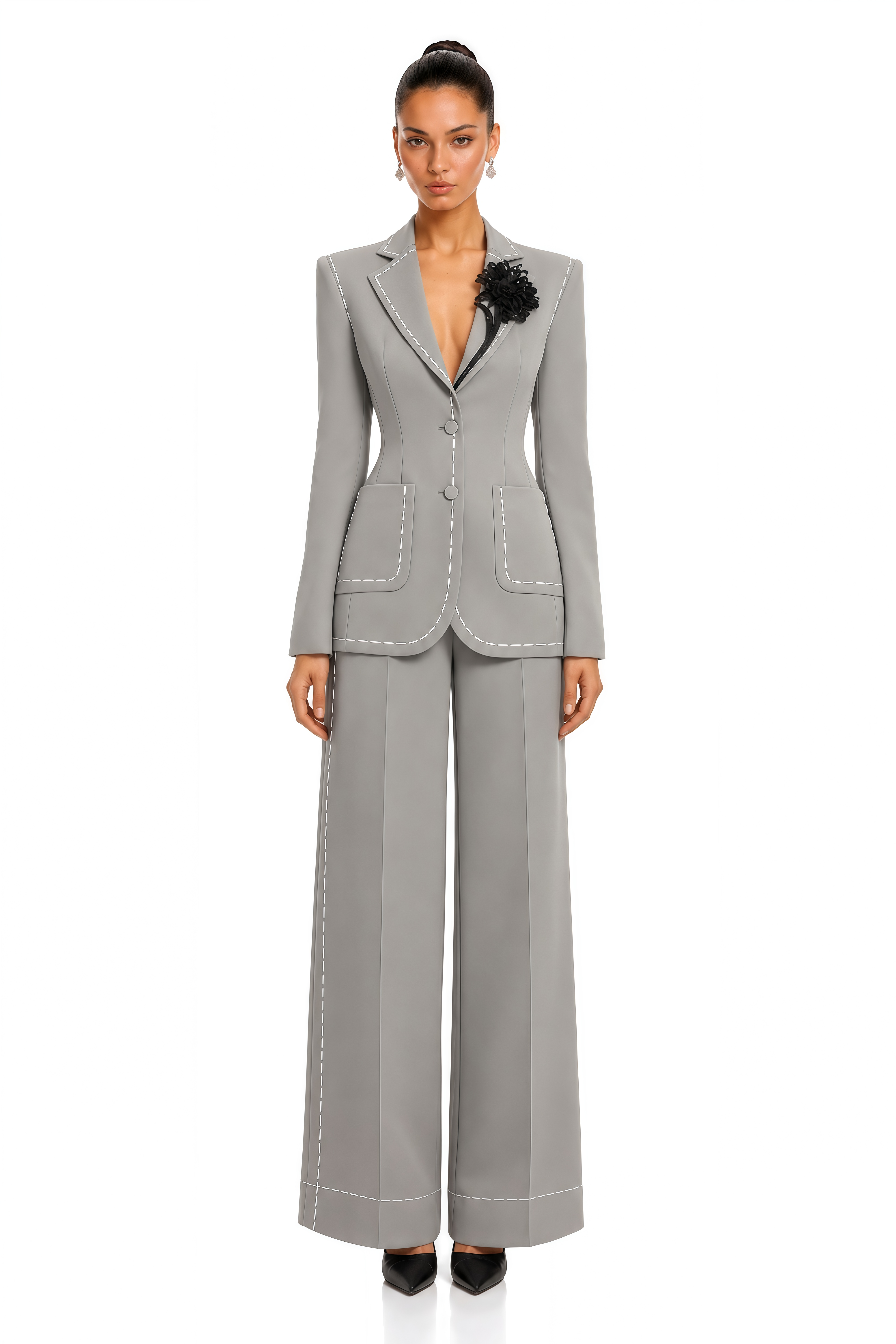 Liva Grey Contrast Stitch Tailored Blazer & Trousers Set