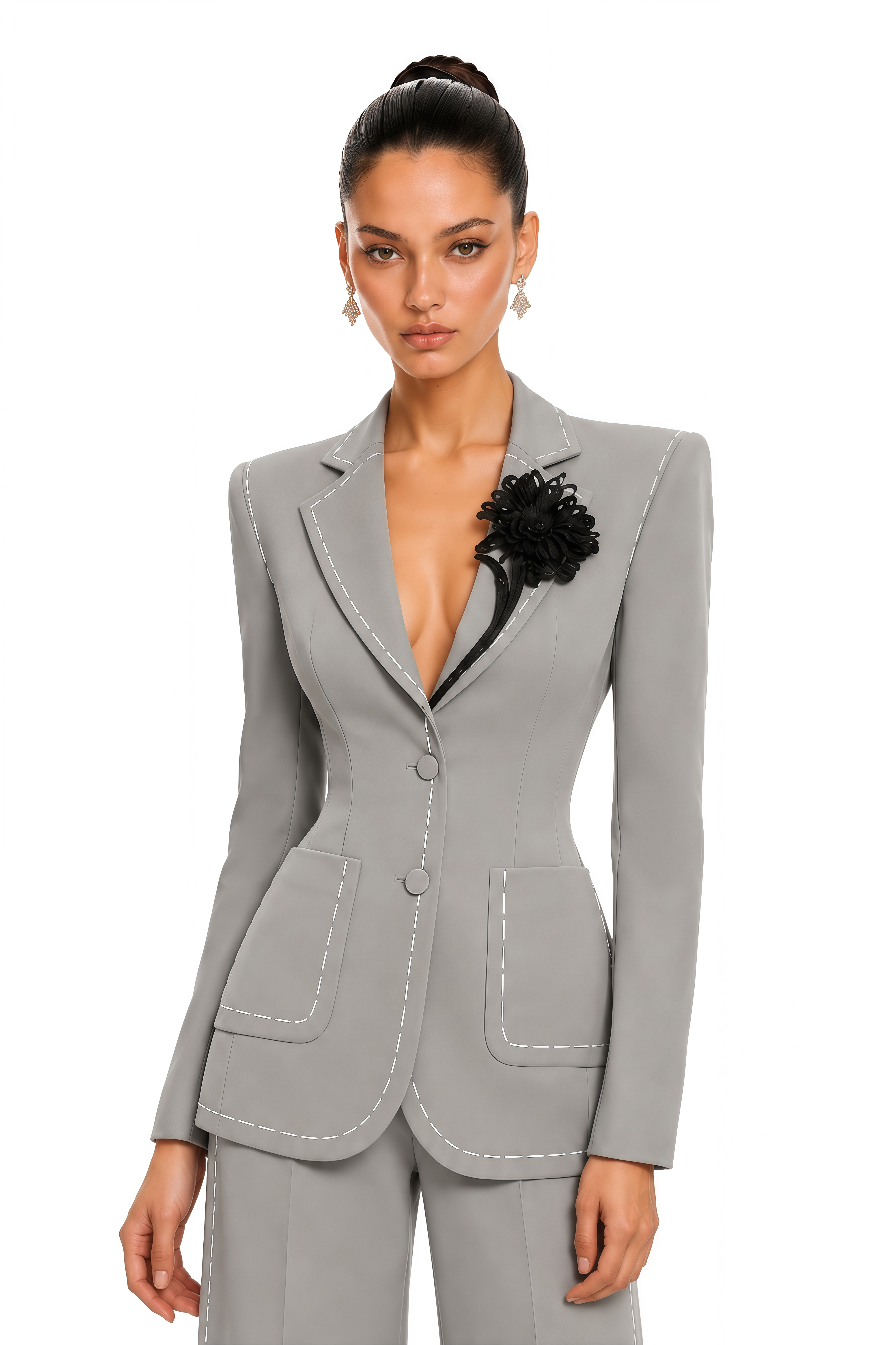 Liva Grey Contrast Stitch Tailored Blazer & Trousers Set