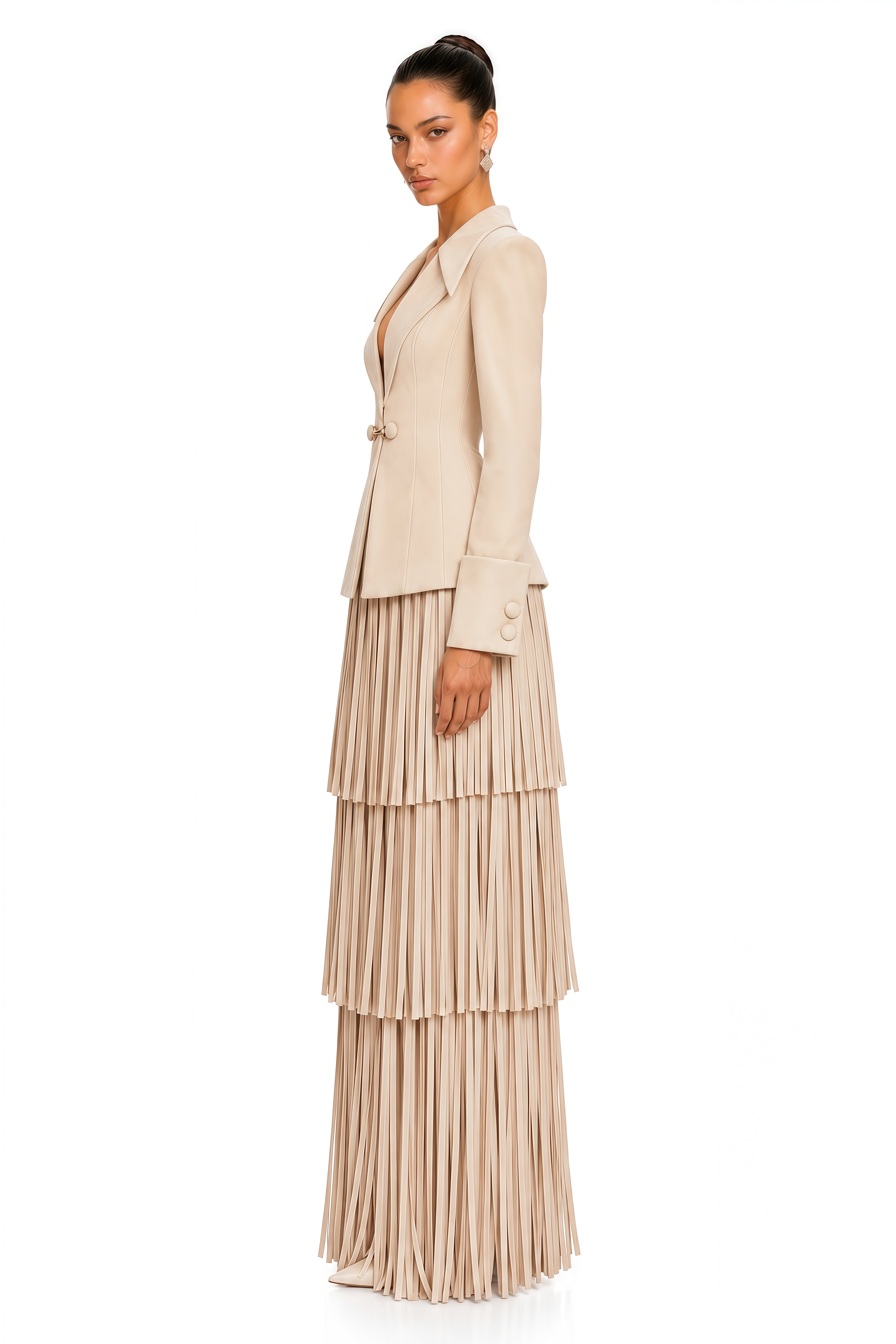 Liyana Khaki Tailored Blazer & Tiered Fringe Maxi Skirt Set