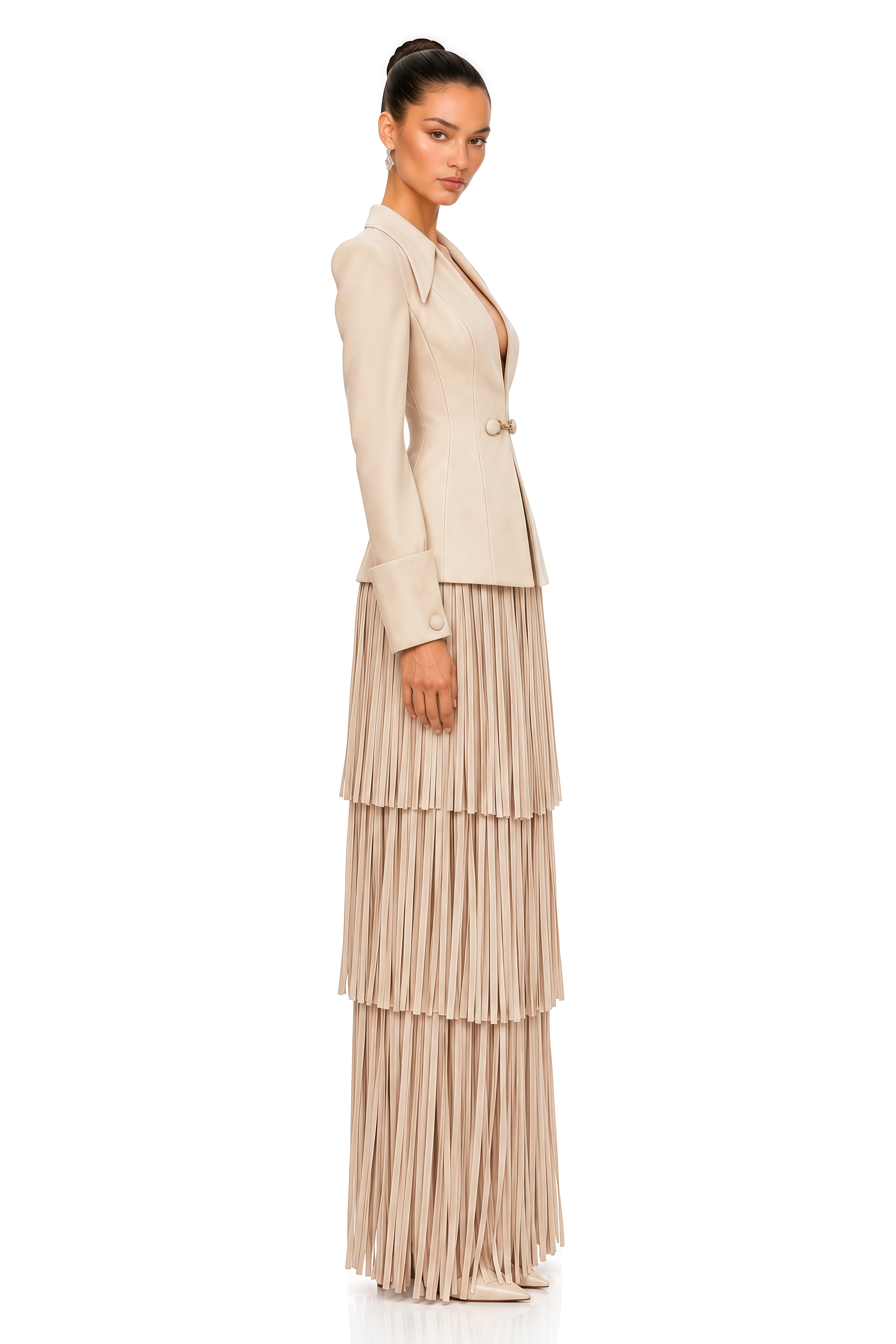 Liyana Khaki Tailored Blazer & Tiered Fringe Maxi Skirt Set