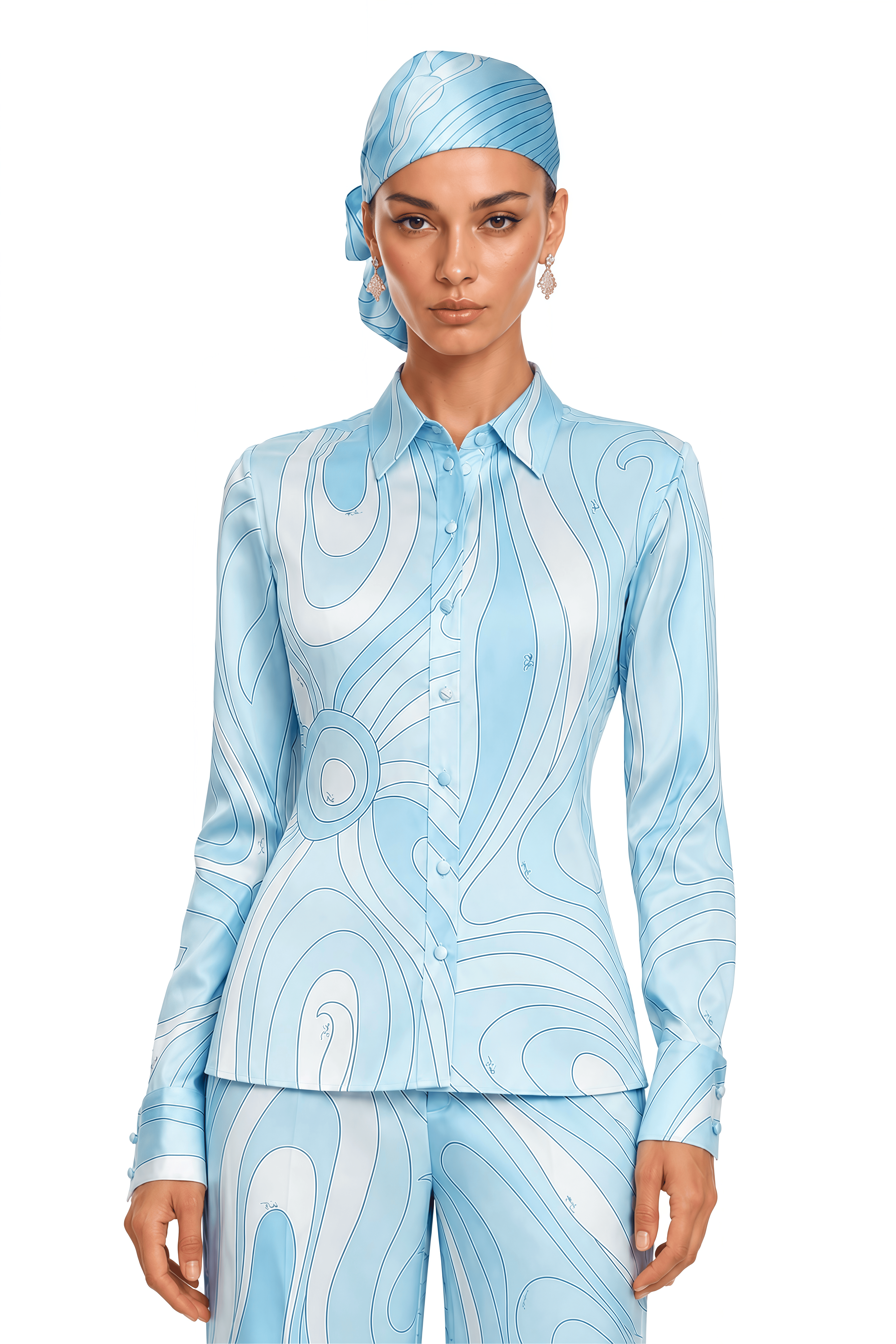 Liyana Light Blue Printed Shirt & Wide-Leg Trousers Set