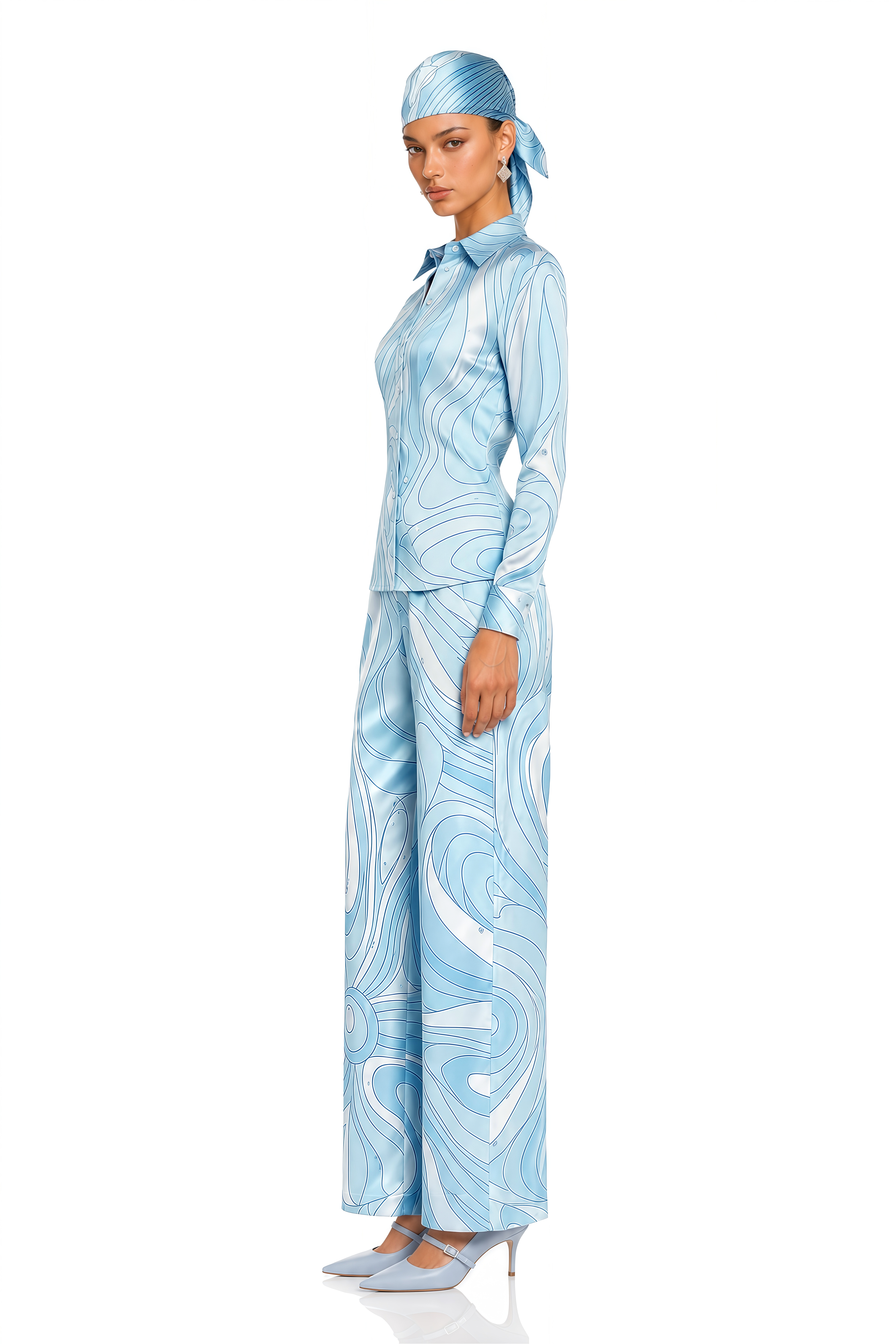 Liyana Light Blue Printed Shirt & Wide-Leg Trousers Set