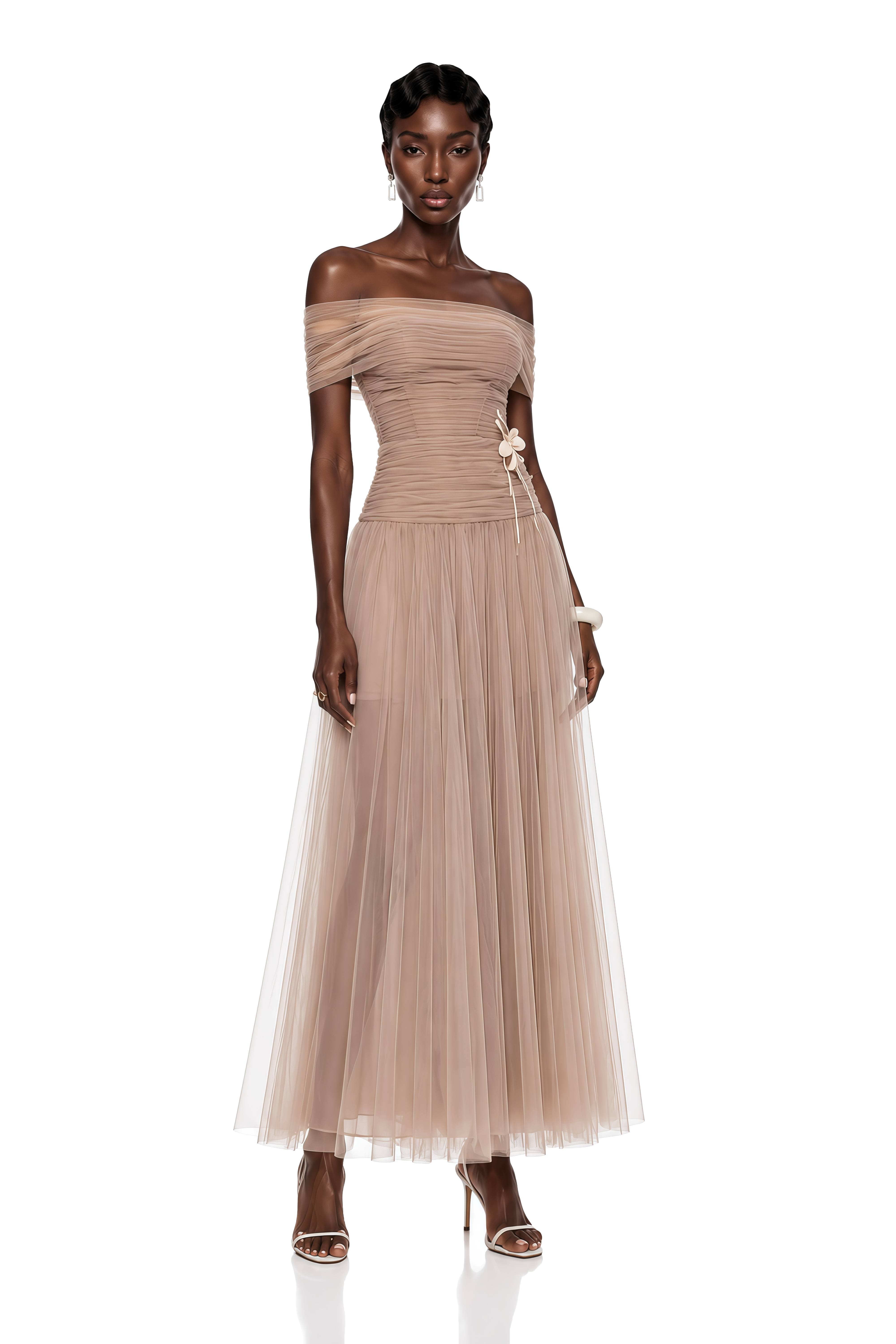Lolwa Khaki Ruched Maxi Dress with 3D Petals