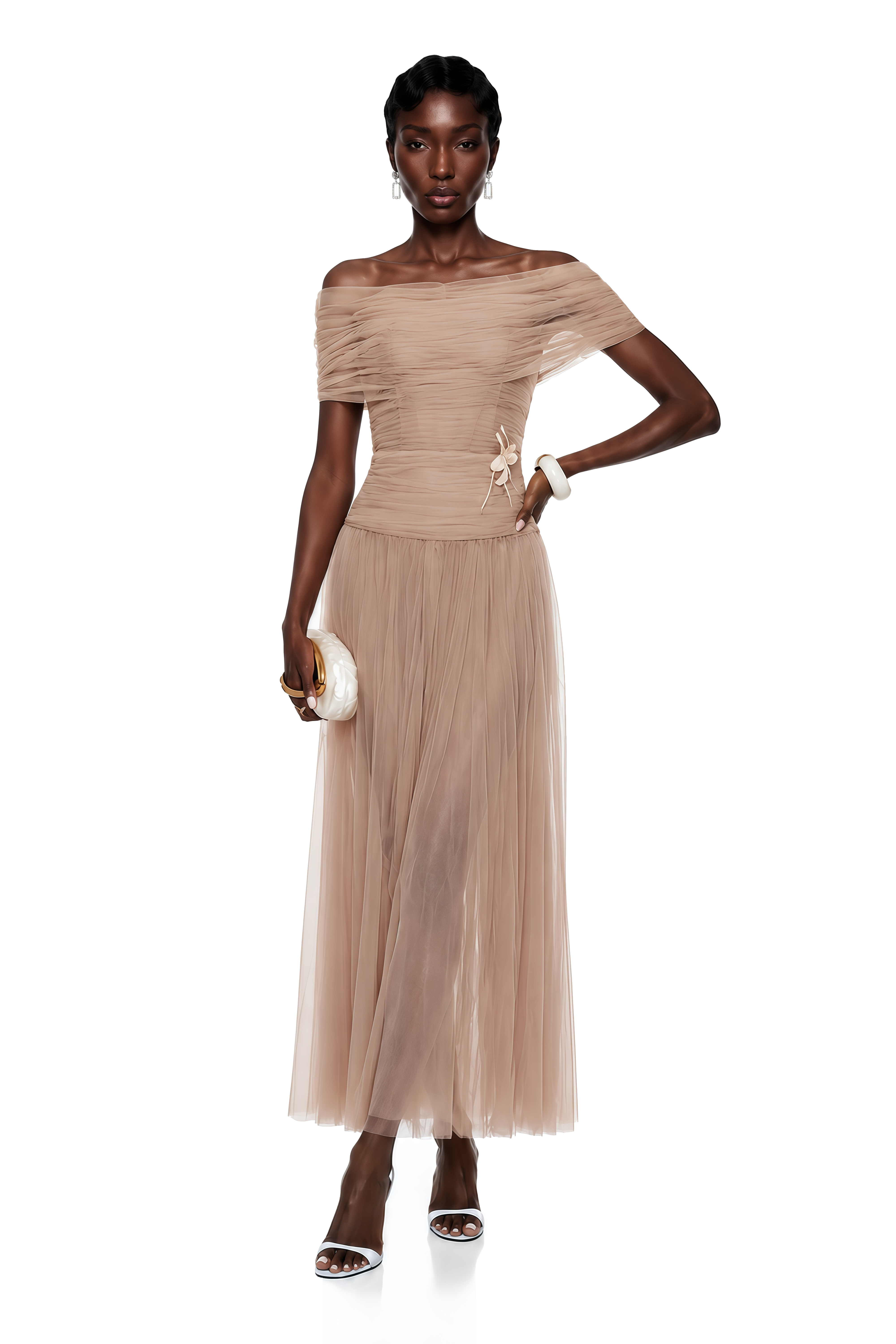 Lolwa Khaki Ruched Maxi Dress with 3D Petals