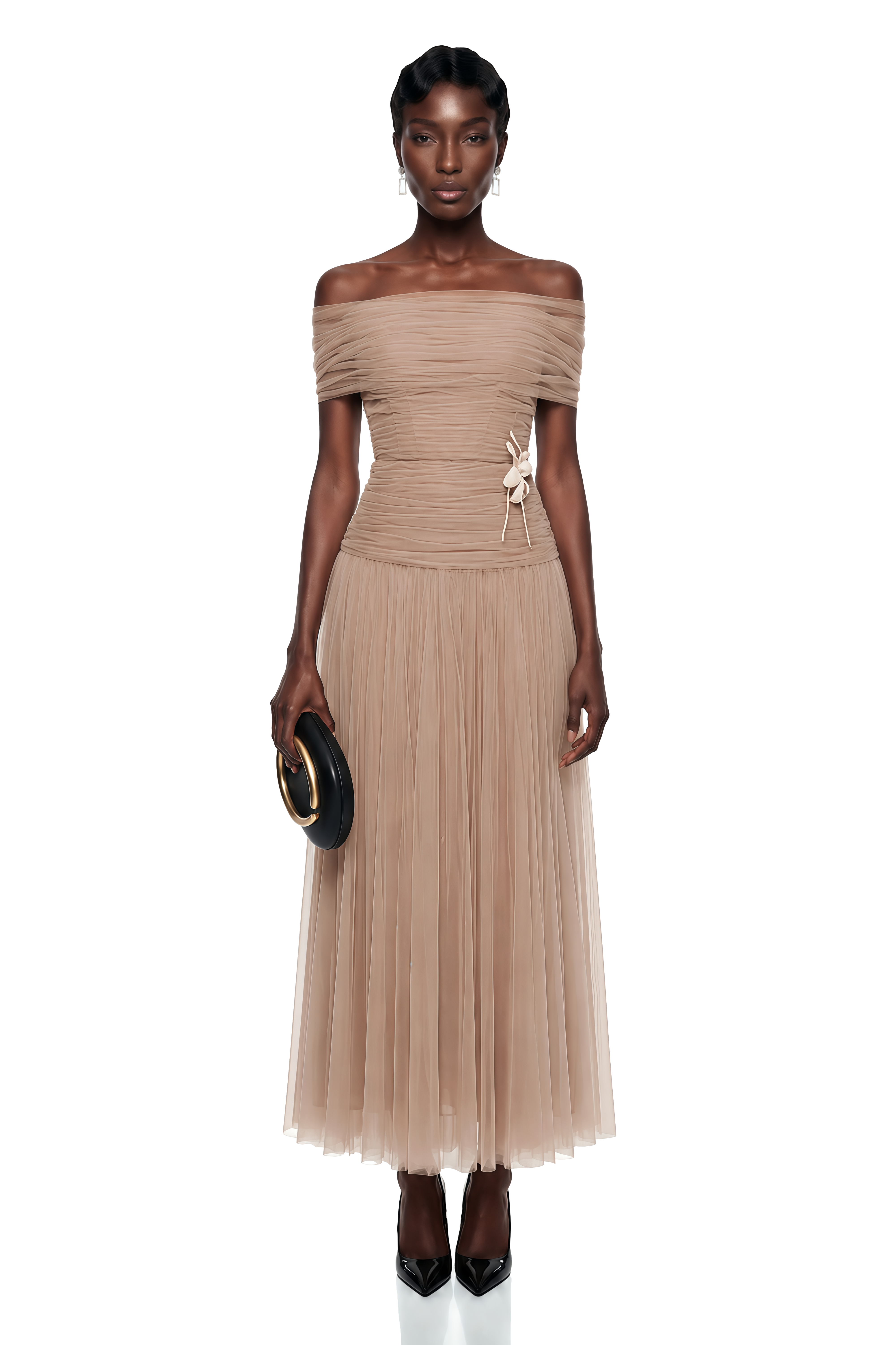 Lolwa Khaki Ruched Maxi Dress with 3D Petals